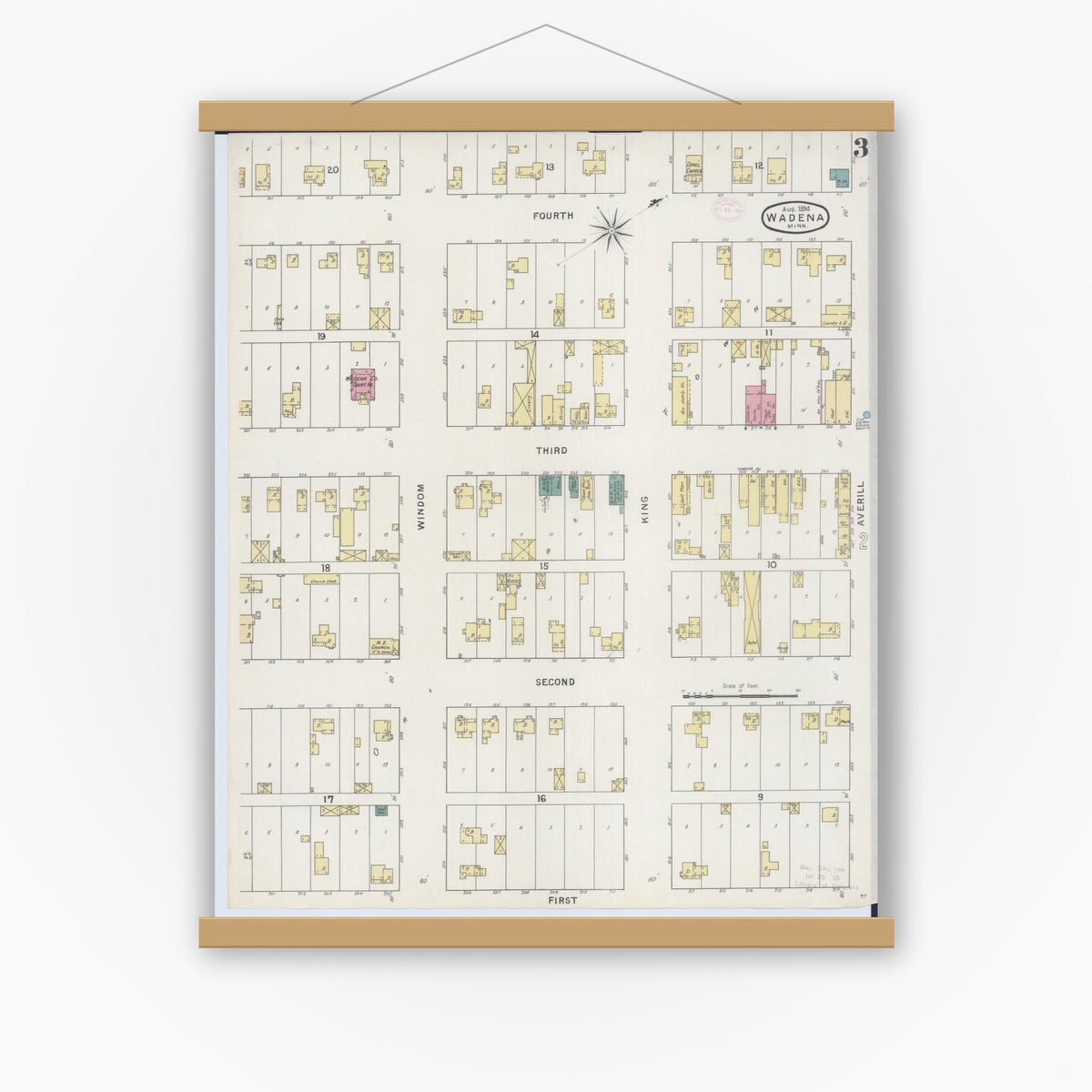 Old map wall art mockup — magnetic wood frame on white wall — Sanborn Fire Insurance Map from Wadena, Wadena County, Minnesota (1894), Sheet #0003