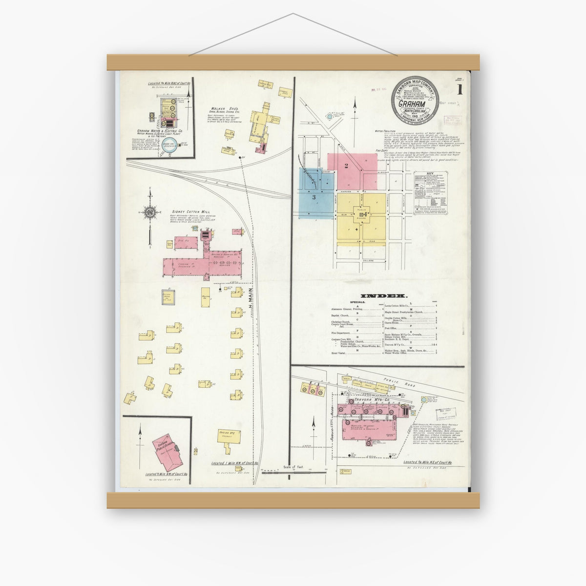 Old map wall art mockup — magnetic wood frame on white wall — Sanborn Fire Insurance Map from Graham, Alamance County, North Carolina (1910) - Complete Map Set