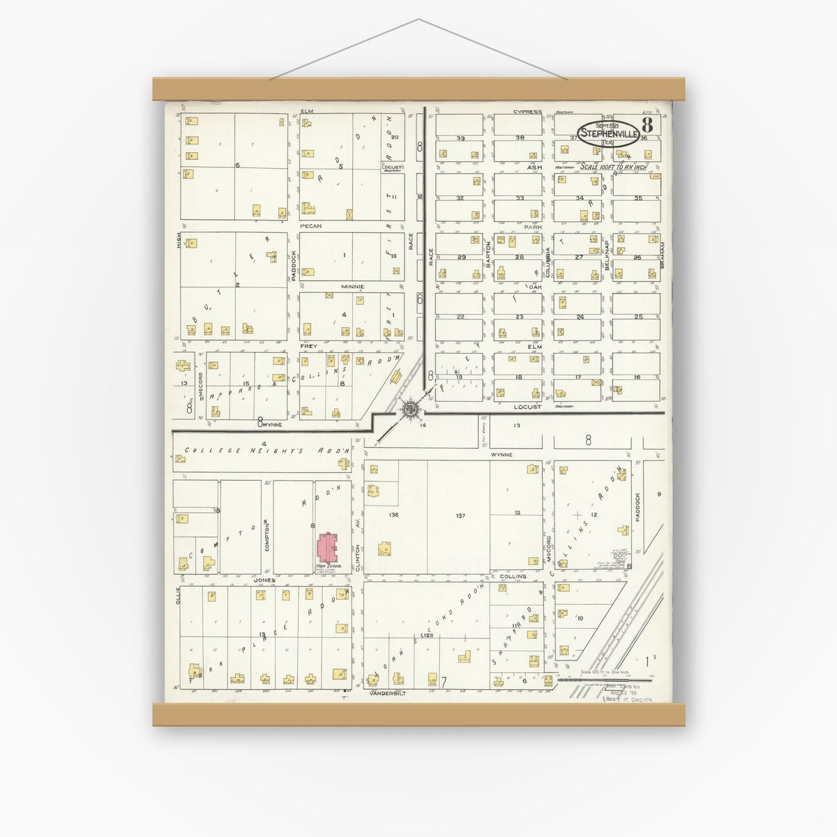 Old map wall art mockup — magnetic wood frame on white wall — Sanborn Fire Insurance Map from Stephenville, Erath County, Texas (1921), Sheet #0008