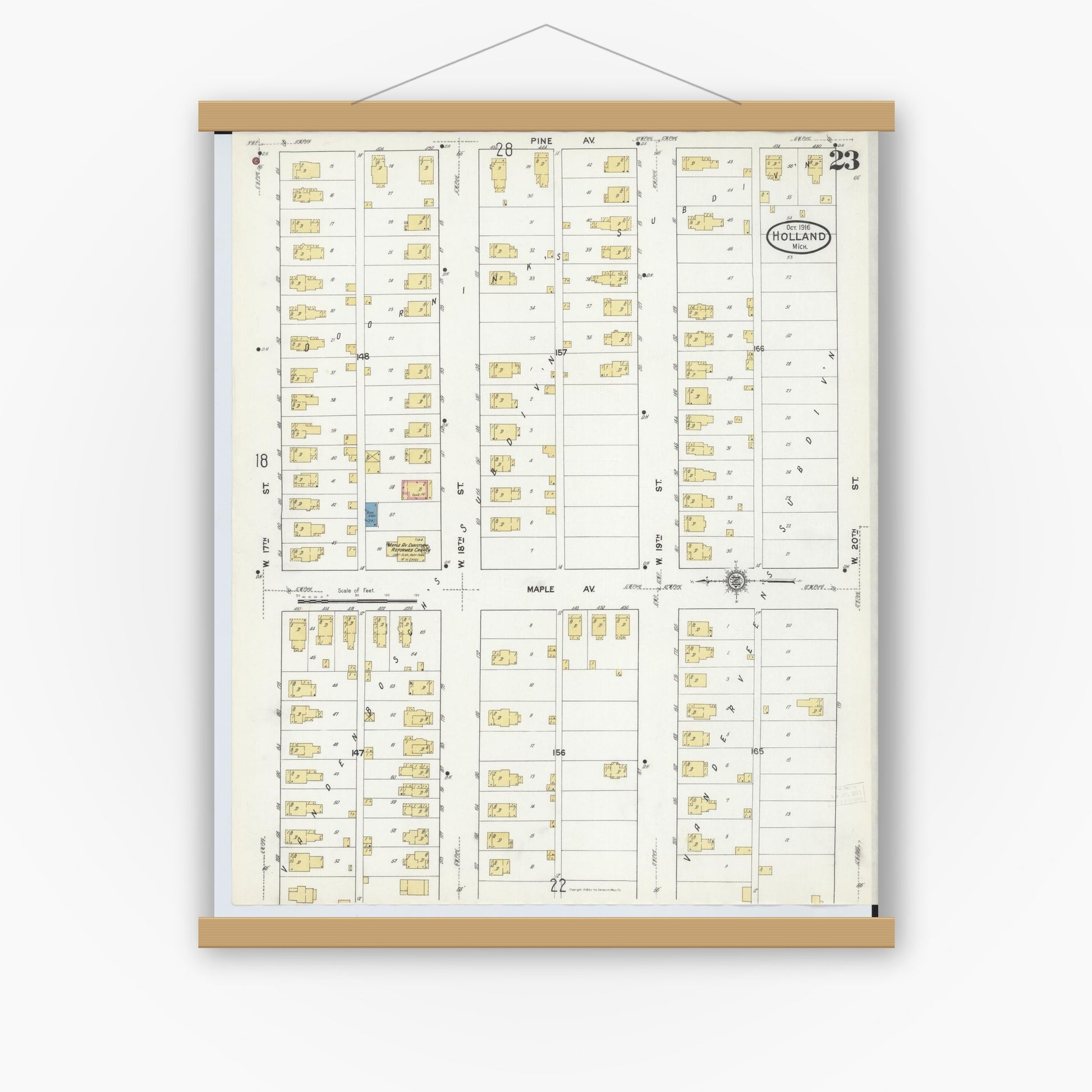 Old map wall art mockup — magnetic wood frame on white wall — Sanborn Fire Insurance Map from Holland, Ottawa County, Michigan (1916), Sheet #0023