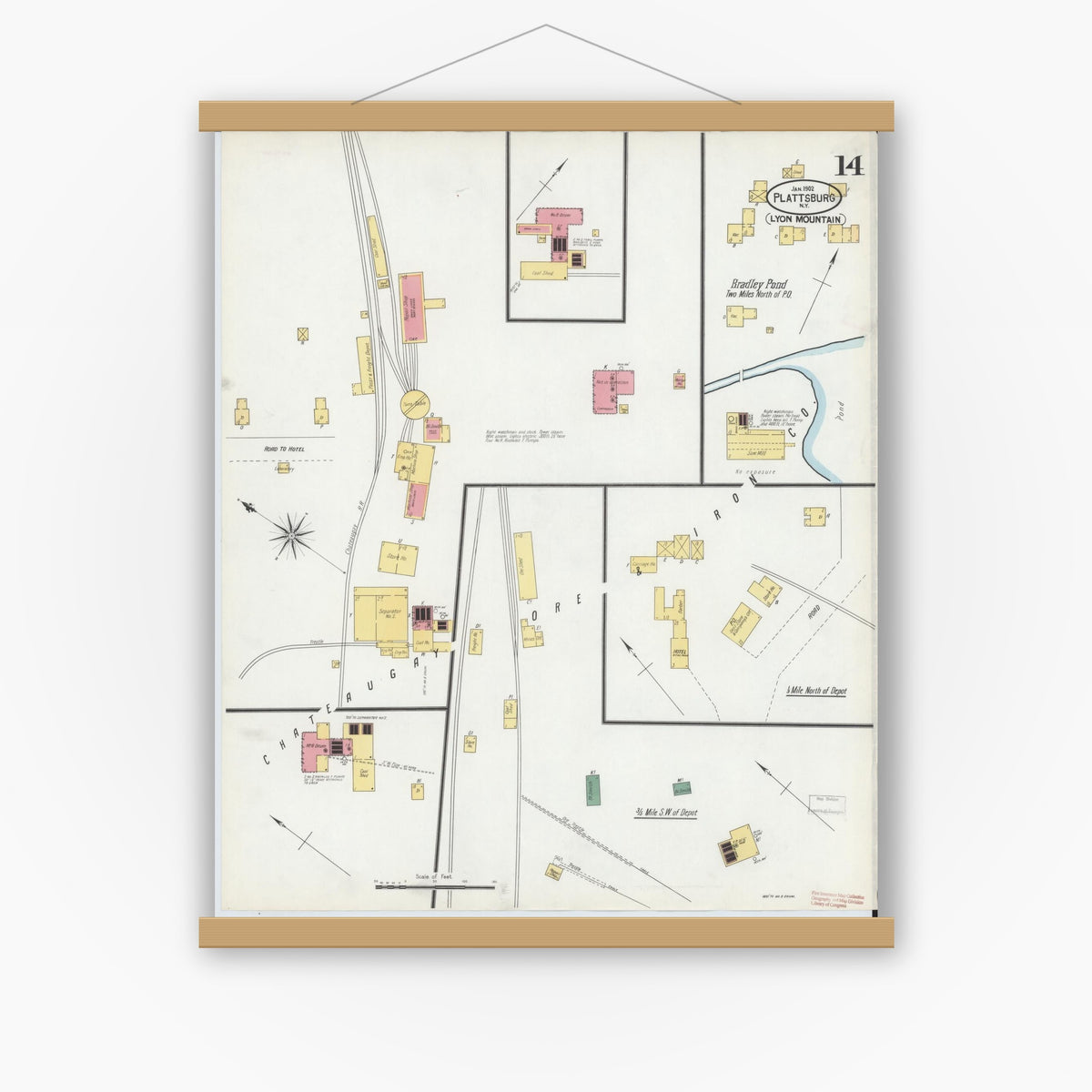 Old map wall art mockup — magnetic wood frame on white wall — Sanborn Fire Insurance Map from Plattsburg, Clinton County, New York (1902), Sheet #0014