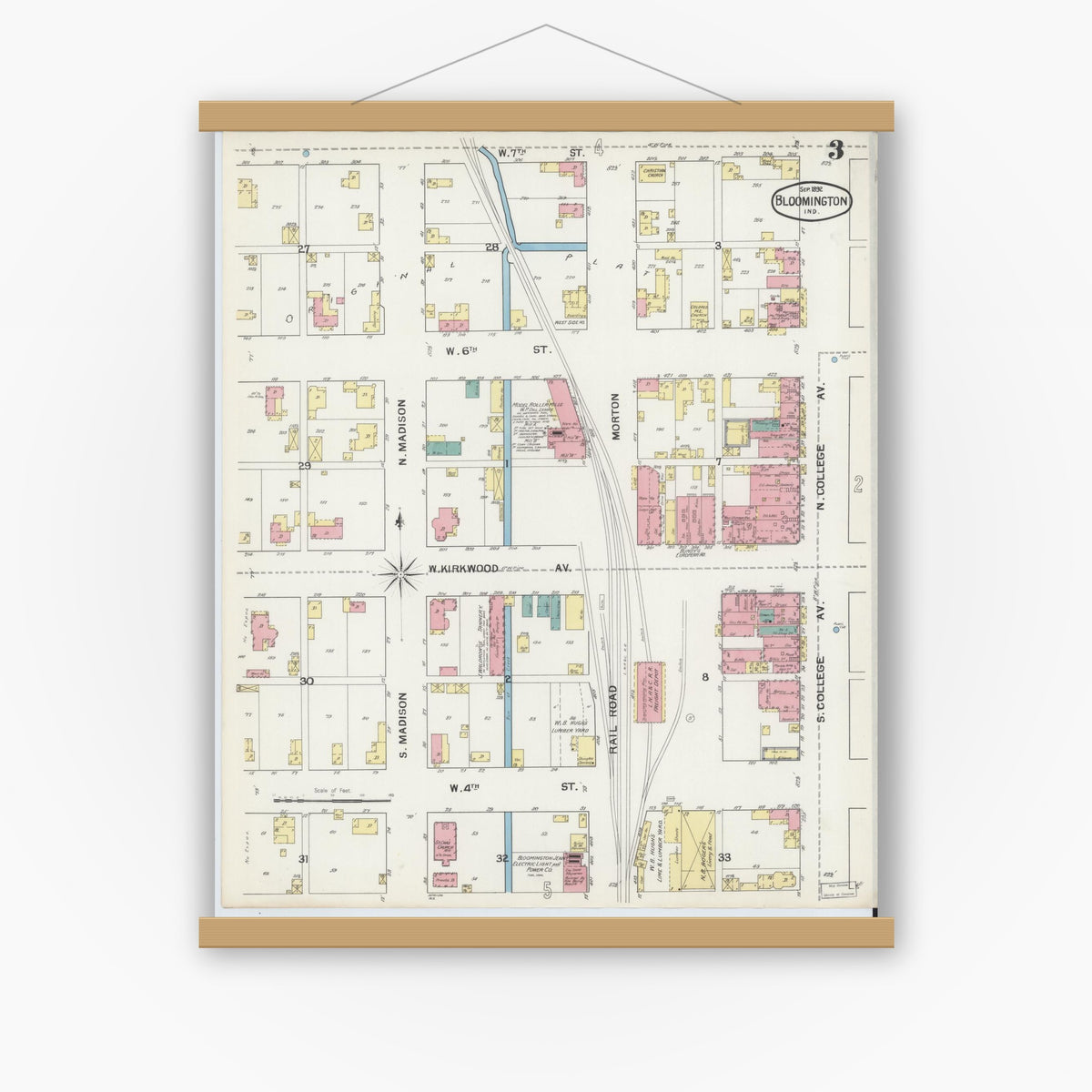 Old map wall art mockup — magnetic wood frame on white wall — Sanborn Fire Insurance Map from Bloomington, Monroe County, Indiana (1892), Sheet #0003