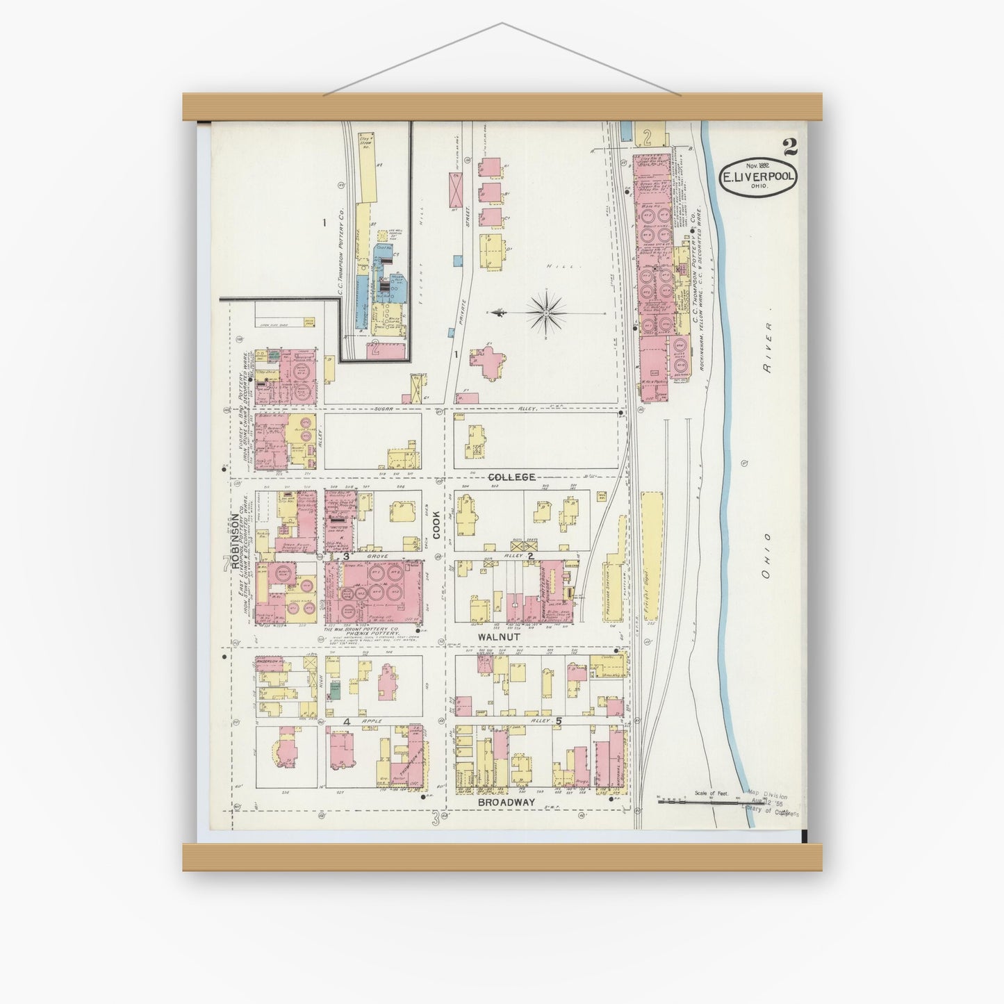 Old map wall art mockup — magnetic wood frame on white wall — Sanborn Fire Insurance Map from East Liverpool, Columbiana County, Ohio (1892), Sheet #0002