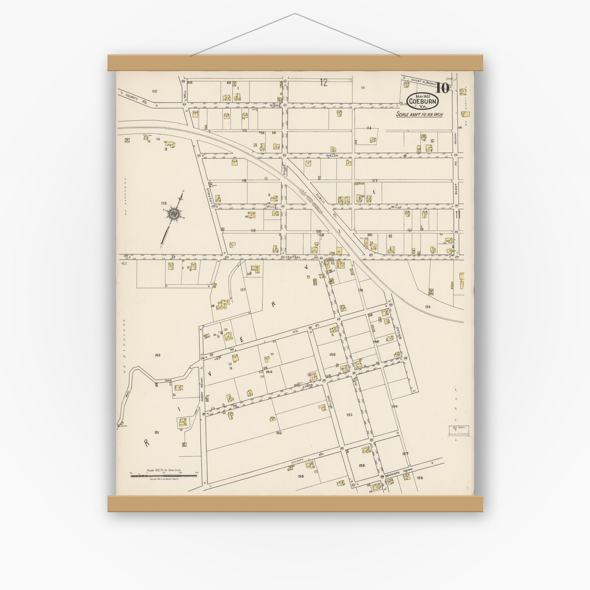 Old map wall art mockup — magnetic wood frame on white wall — Sanborn Fire Insurance Map from Coeburn, Wise County, Virginia (1922), Sheet #0010