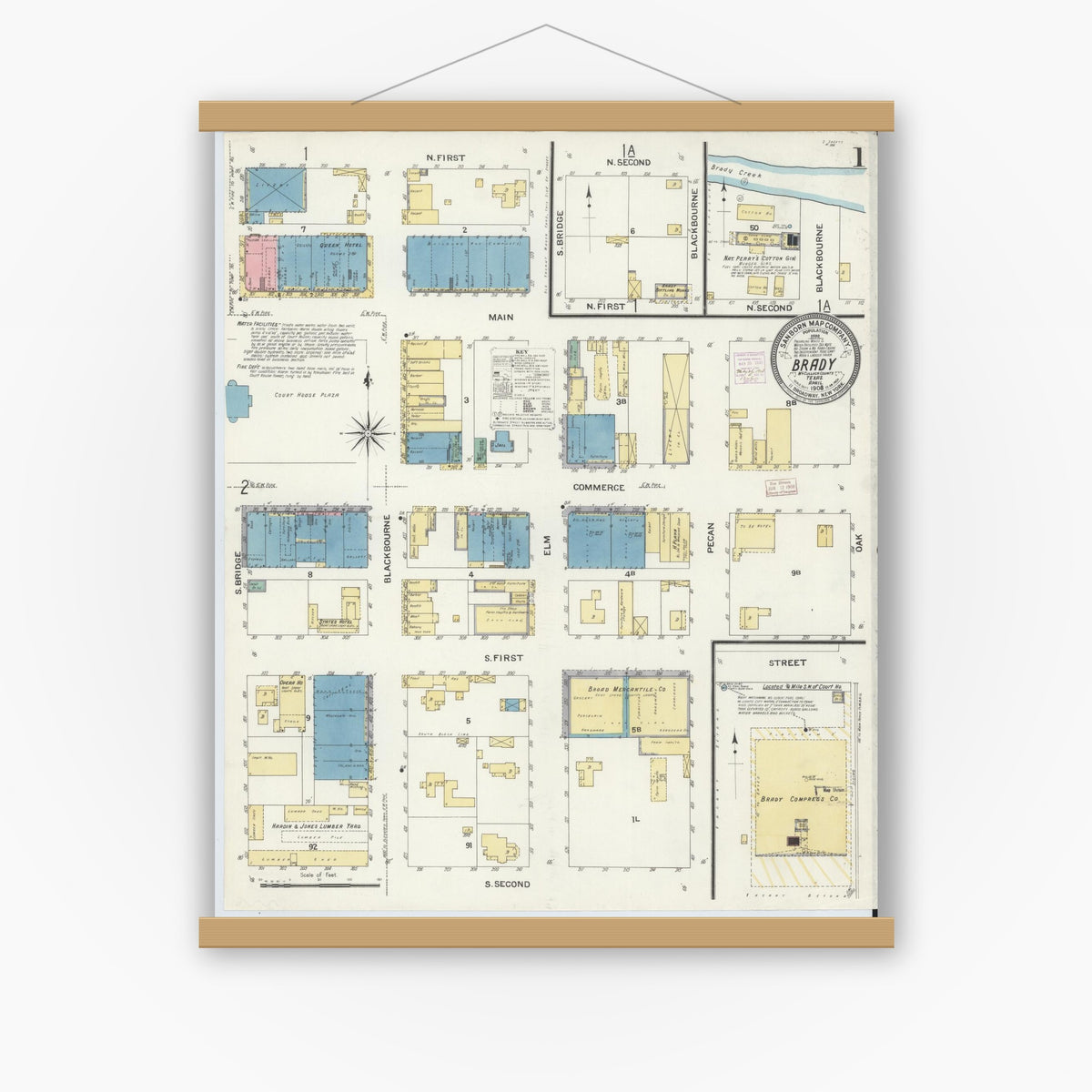 Old map wall art mockup — magnetic wood frame on white wall — Sanborn Fire Insurance Map from Brady, McCulloch County, Texas (1908), Sheet #0001