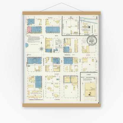 Old map wall art mockup — magnetic wood frame on white wall — Sanborn Fire Insurance Map from Brady, McCulloch County, Texas (1908), Sheet #0001