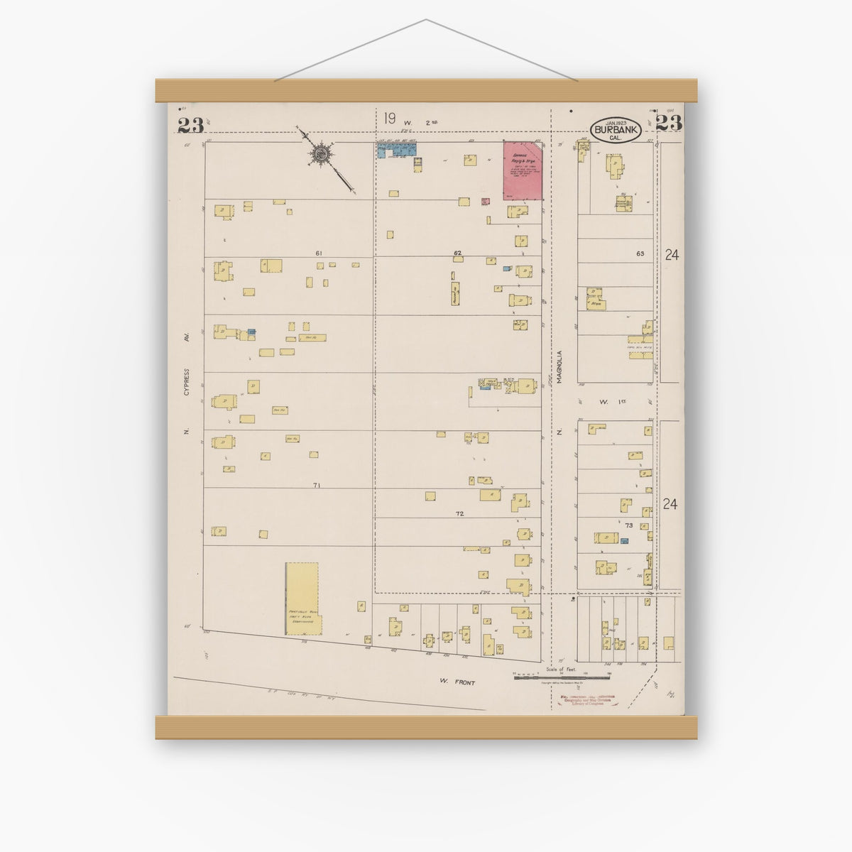Old map wall art mockup — magnetic wood frame on white wall — Sanborn Fire Insurance Map from Burbank, Los Angeles County, California (1923), Sheet #0023