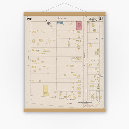 Old map wall art mockup — magnetic wood frame on white wall — Sanborn Fire Insurance Map from Burbank, Los Angeles County, California (1923), Sheet #0023