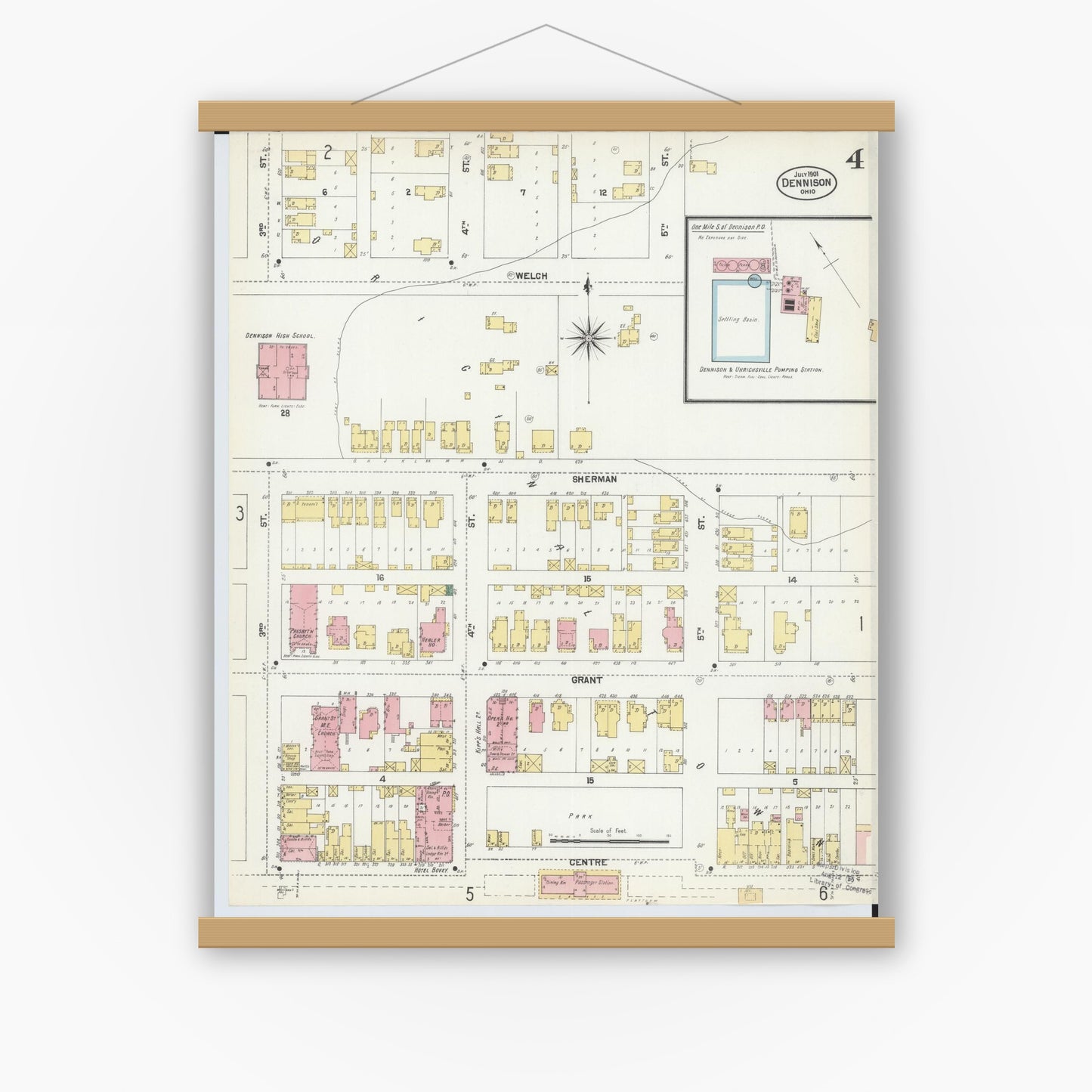 Old map wall art mockup — magnetic wood frame on white wall — Sanborn Fire Insurance Map from Dennison, Tuscarawas County, Ohio (1901), Sheet #0004