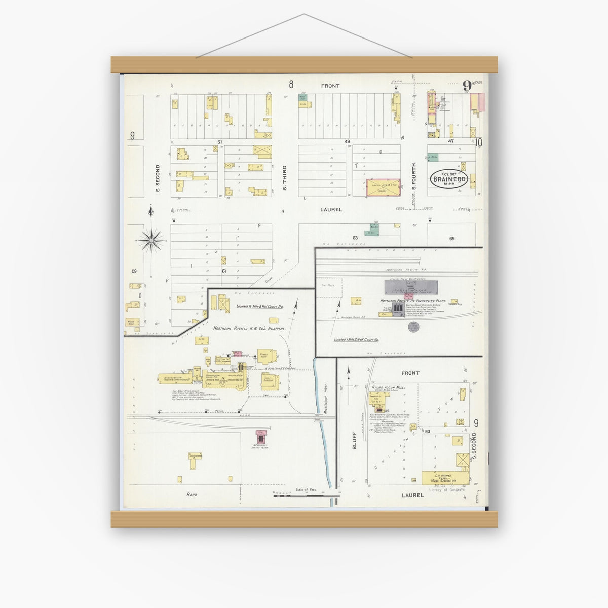 Old map wall art mockup — magnetic wood frame on white wall — Sanborn Fire Insurance Map from Brainerd, Crow Wing County, Minnesota (1907), Sheet #0009