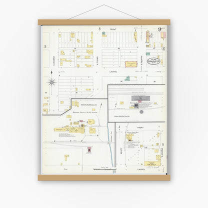Old map wall art mockup — magnetic wood frame on white wall — Sanborn Fire Insurance Map from Brainerd, Crow Wing County, Minnesota (1907), Sheet #0009