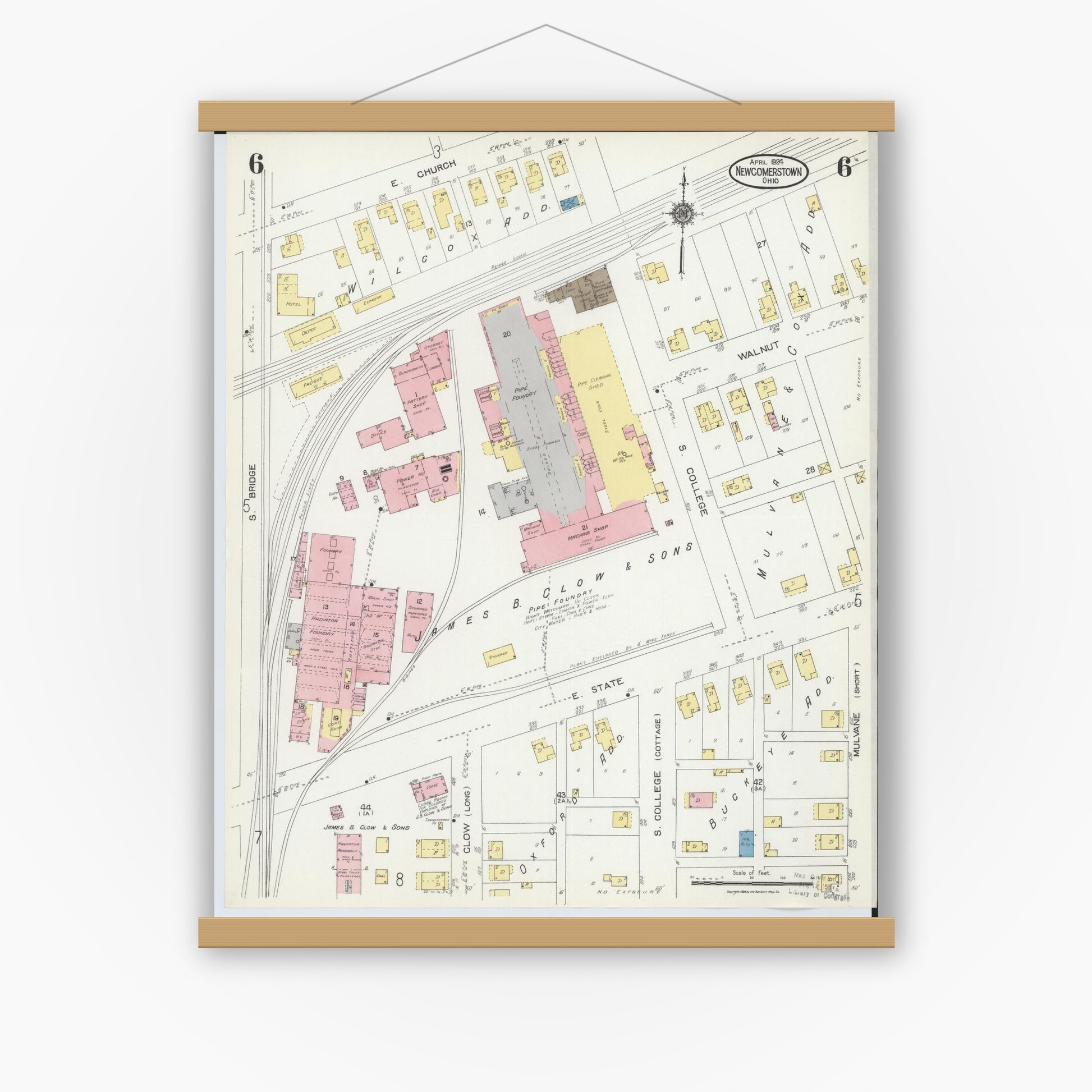 Old map wall art mockup — magnetic wood frame on white wall — Sanborn Fire Insurance Map from Newcomerstown, Tuscarawas County, Ohio (1924), Sheet #0006