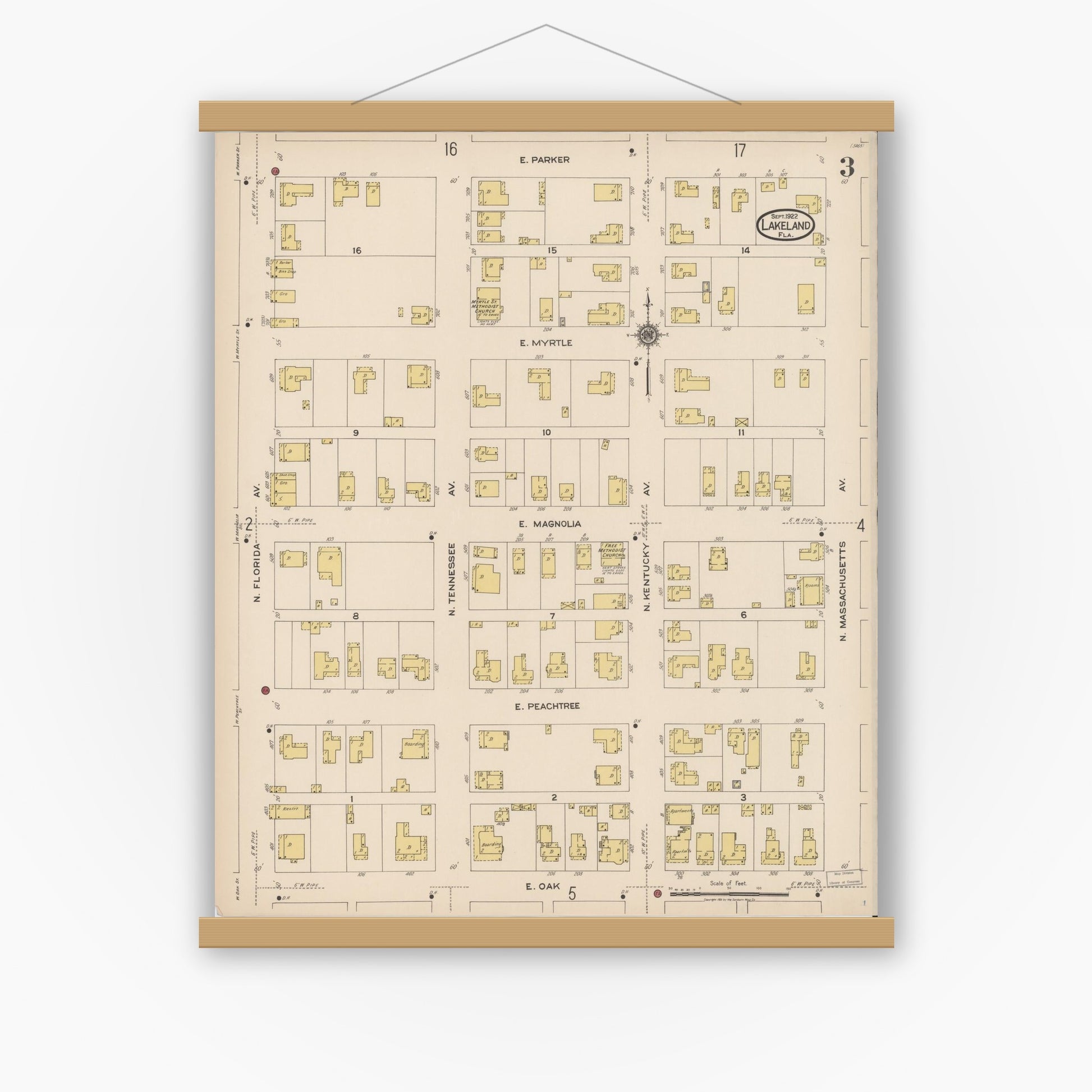 Old map wall art mockup — magnetic wood frame on white wall — Sanborn Fire Insurance Map from Lakeland, Polk County, Florida (1922), Sheet #0003