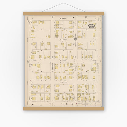 Old map wall art mockup — magnetic wood frame on white wall — Sanborn Fire Insurance Map from Lakeland, Polk County, Florida (1922), Sheet #0003