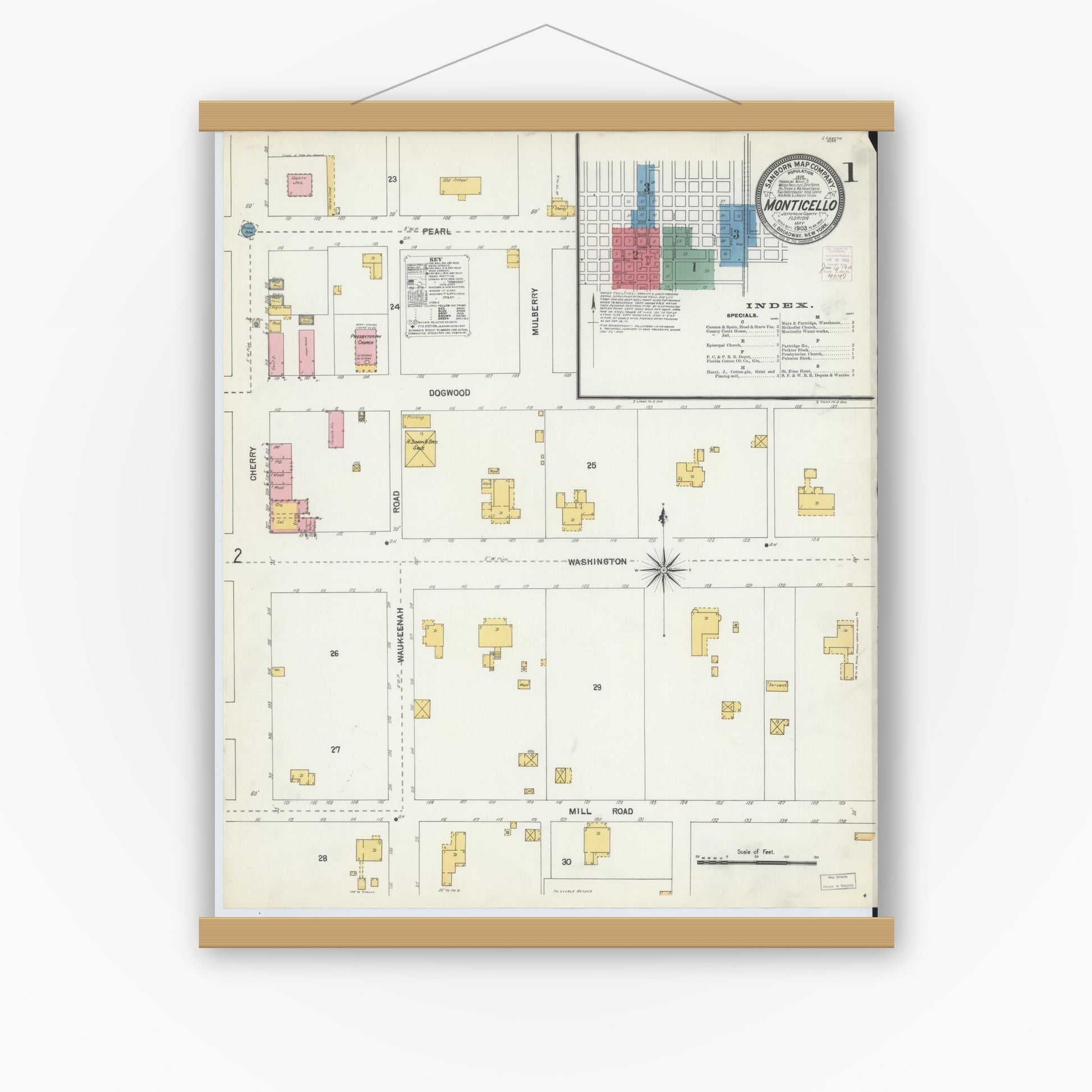 Old map wall art mockup — magnetic wood frame on white wall — Sanborn Fire Insurance Map from Monticello, Jefferson County, Florida (1903), Sheet #0001