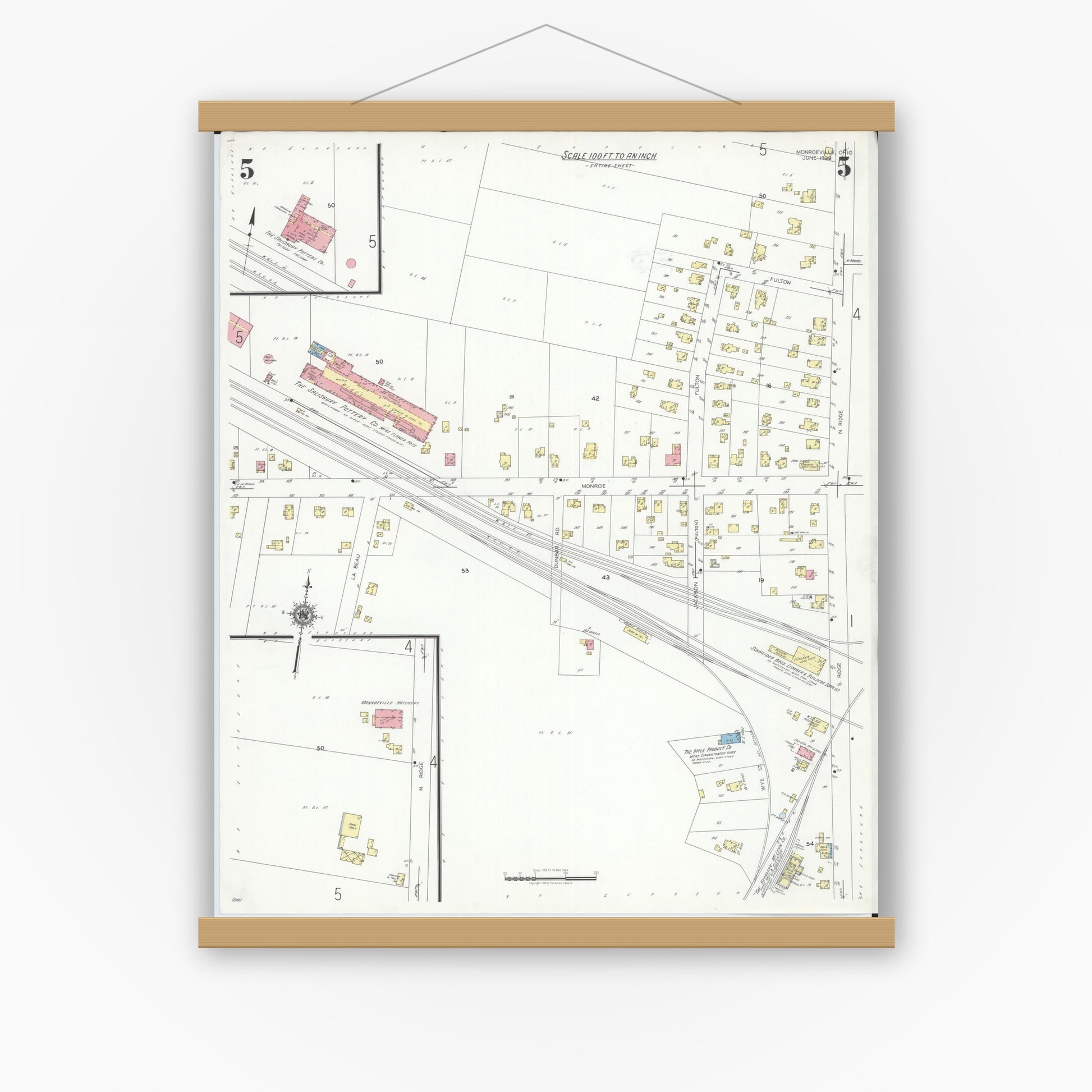 Old map wall art mockup — magnetic wood frame on white wall — Sanborn Fire Insurance Map from Monroeville, Huron County, Ohio (1939), Sheet #0005