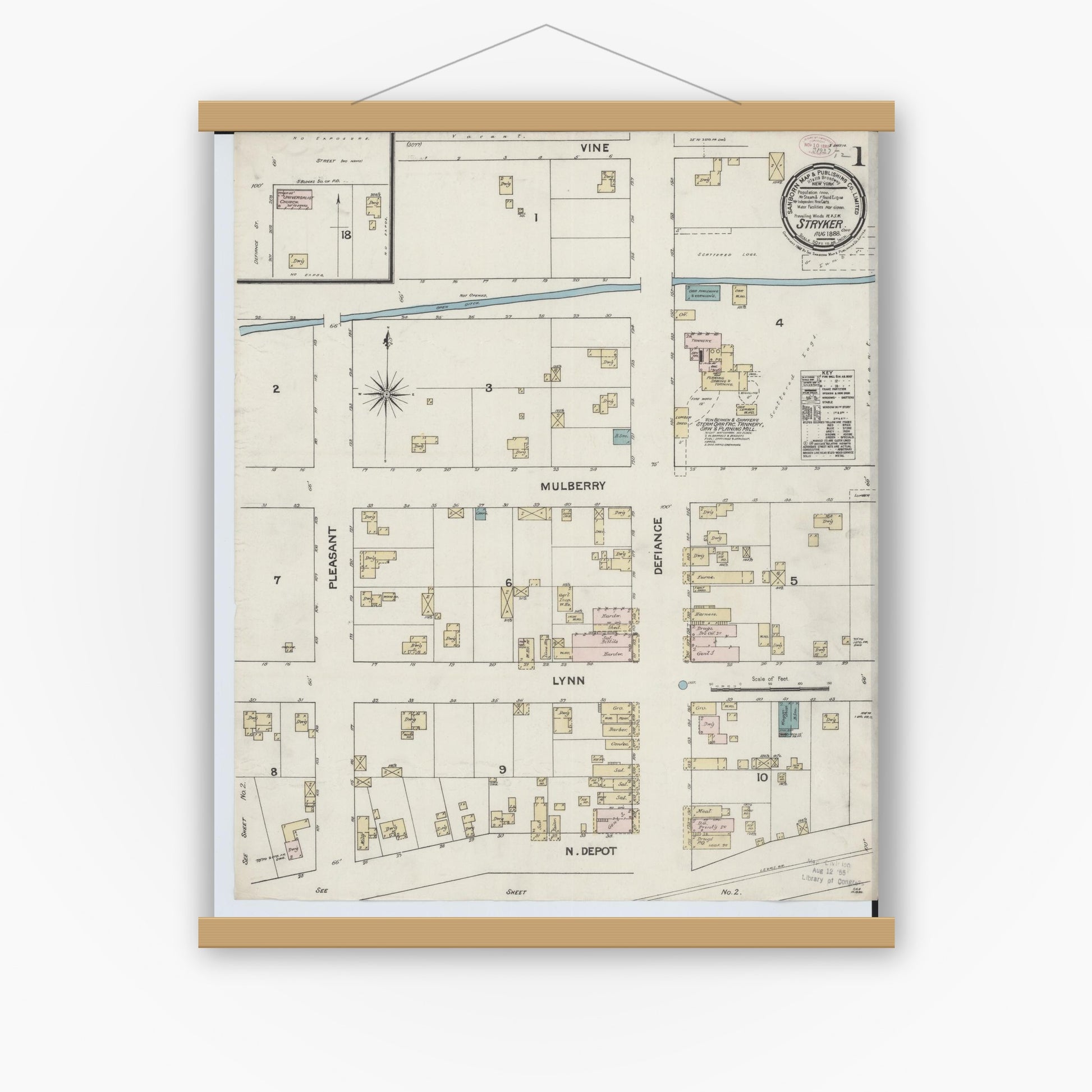 Old map wall art mockup — magnetic wood frame on white wall — Sanborn Fire Insurance Map from Stryker, Williams County, Ohio (1888) - Complete Map Set