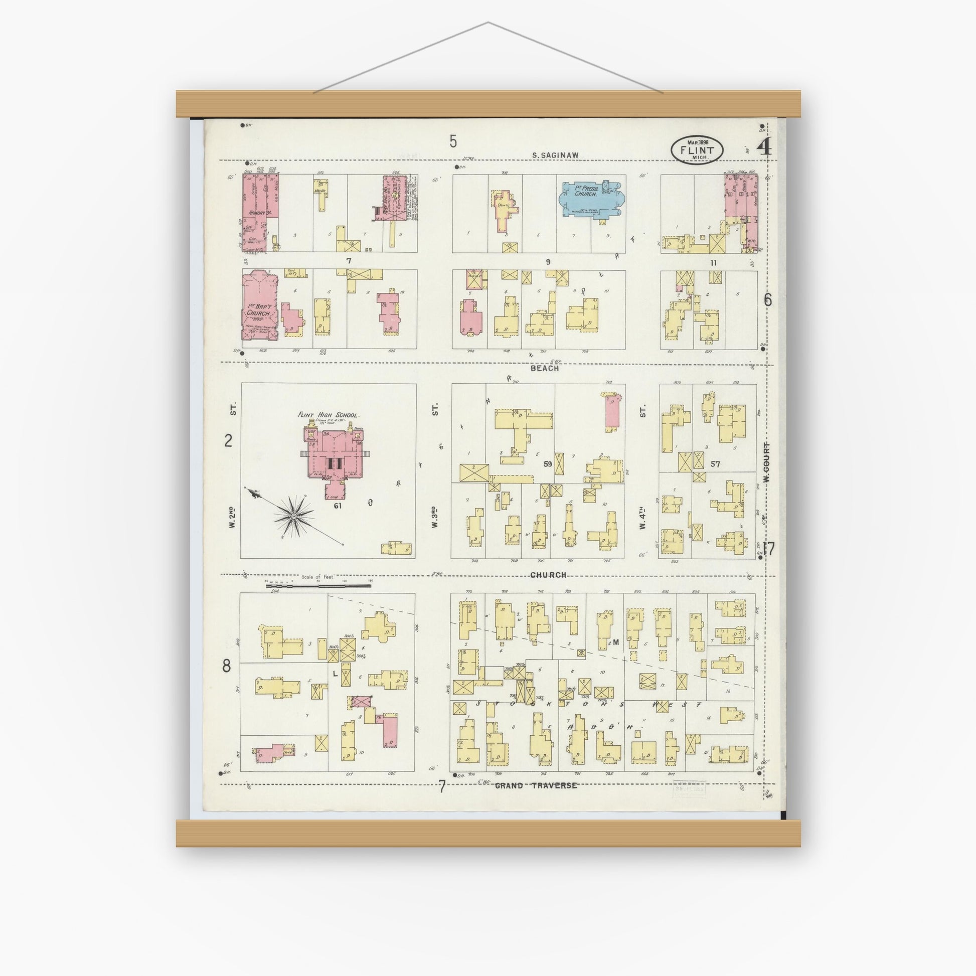 Old map wall art mockup — magnetic wood frame on white wall — Sanborn Fire Insurance Map from Flint, Genesee County, Michigan (1898), Sheet #0004
