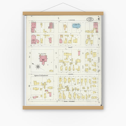 Old map wall art mockup — magnetic wood frame on white wall — Sanborn Fire Insurance Map from Flint, Genesee County, Michigan (1898), Sheet #0004