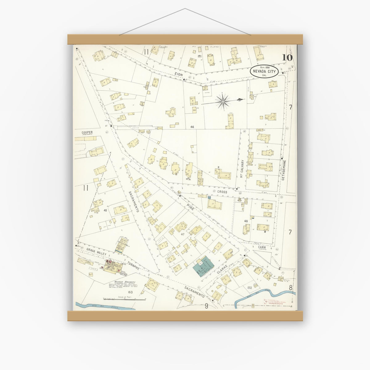 Old map wall art mockup — magnetic wood frame on white wall — Sanborn Fire Insurance Map from Nevada City, Nevada County, California (1898), Sheet #0010