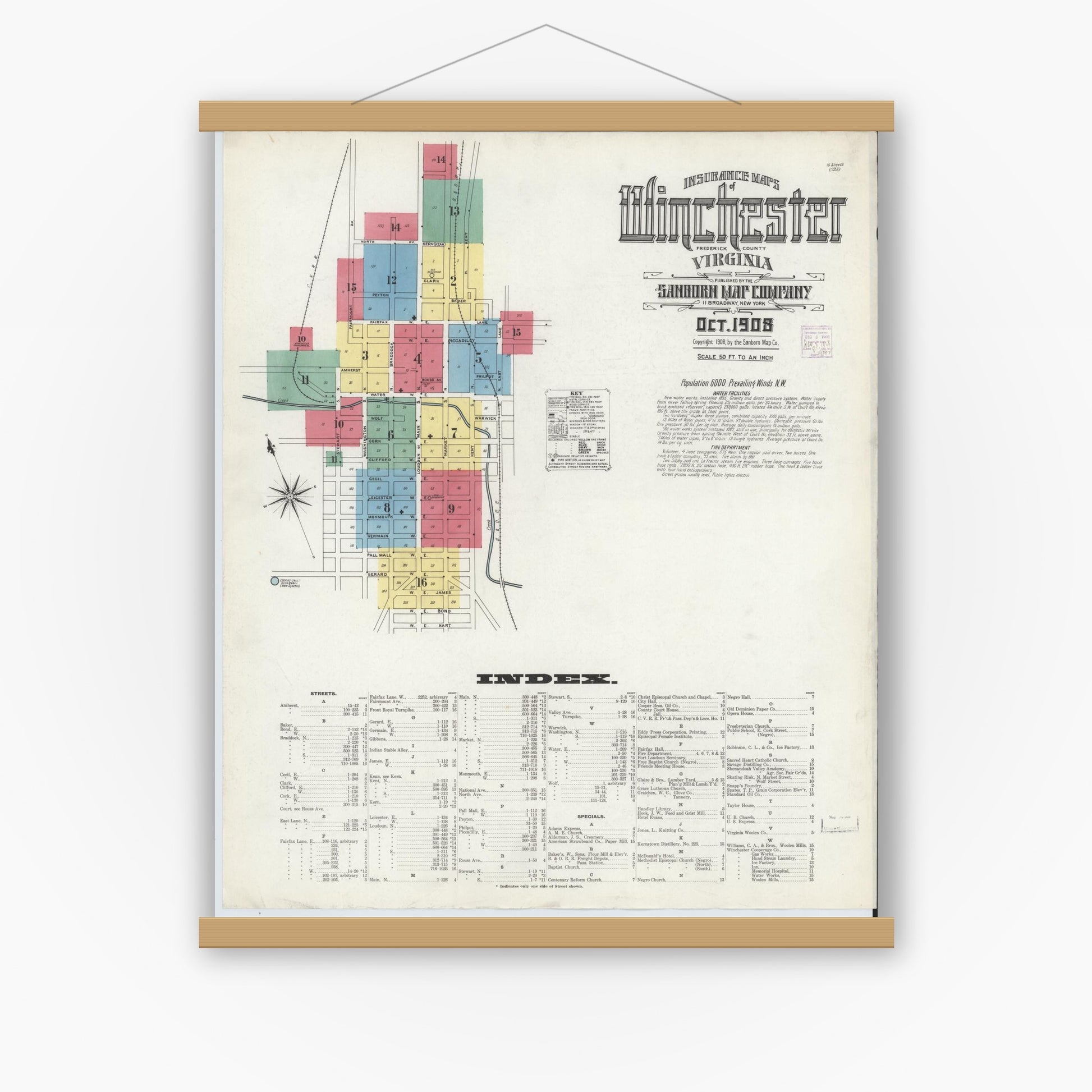 Old map wall art mockup — magnetic wood frame on white wall — Sanborn Fire Insurance Map from Winchester, Independent Cities, Virginia (1908) - Complete Map Set