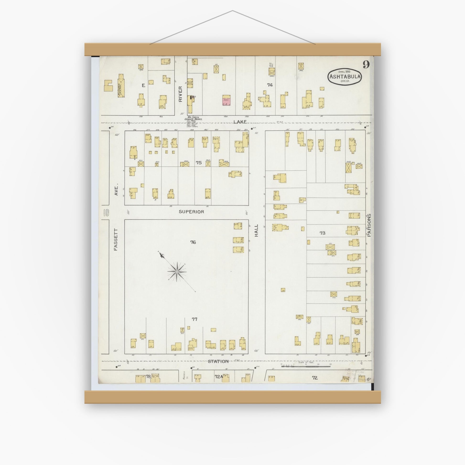 Old map wall art mockup — magnetic wood frame on white wall — Sanborn Fire Insurance Map from Ashtabula, Ashtabula County, Ohio (1893), Sheet #0009