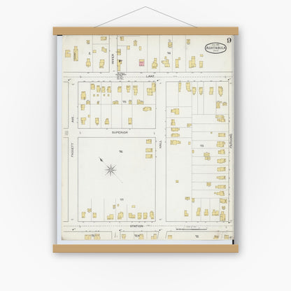 Old map wall art mockup — magnetic wood frame on white wall — Sanborn Fire Insurance Map from Ashtabula, Ashtabula County, Ohio (1893), Sheet #0009