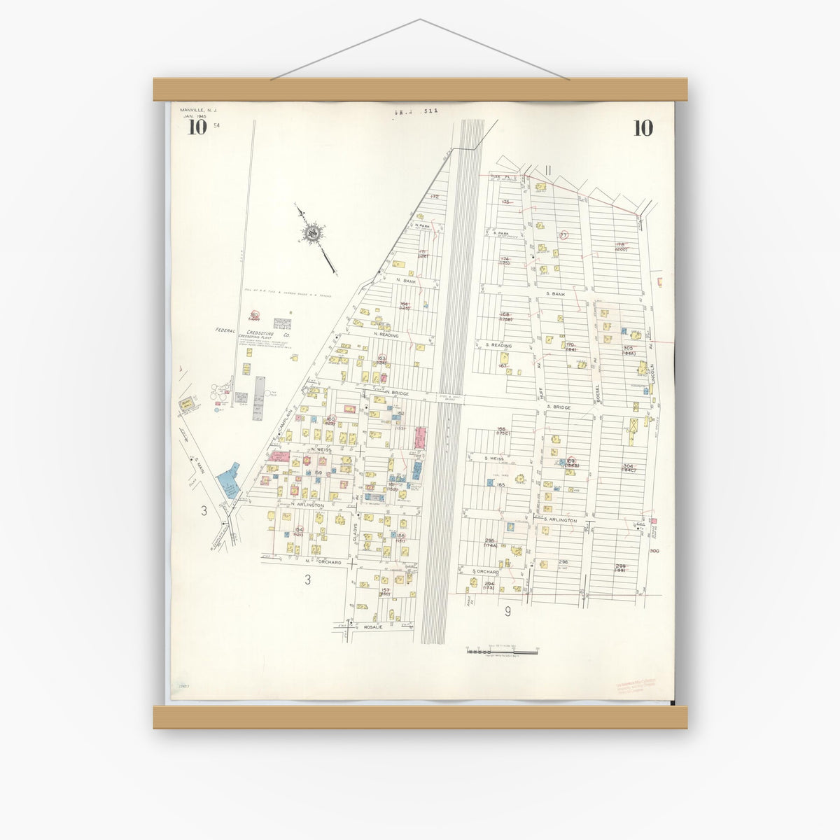 Old map wall art mockup — magnetic wood frame on white wall — Sanborn Fire Insurance Map from Manville, Somerset County, New Jersey (1949), Sheet #0010