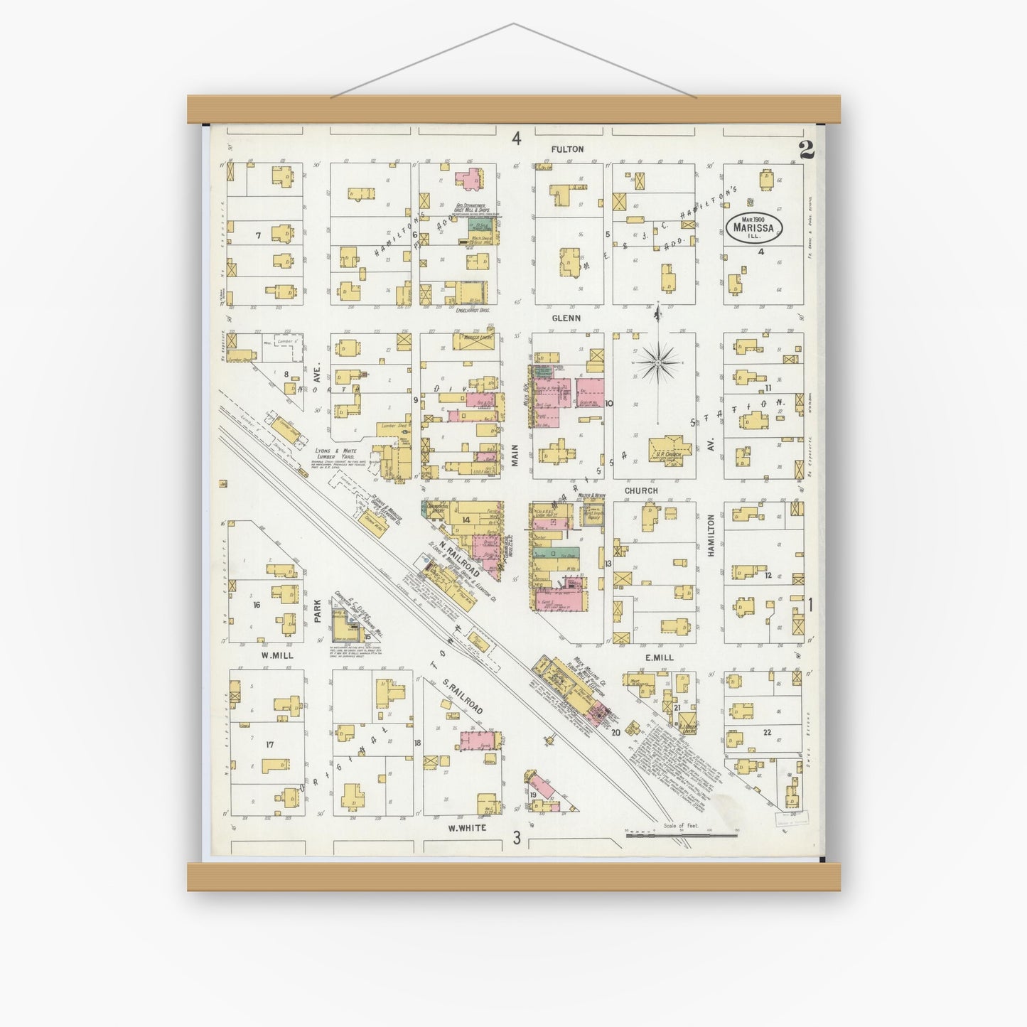 Old map wall art mockup — magnetic wood frame on white wall — Sanborn Fire Insurance Map from Marissa, Saint Clair County, Illinois (1900), Sheet #0002