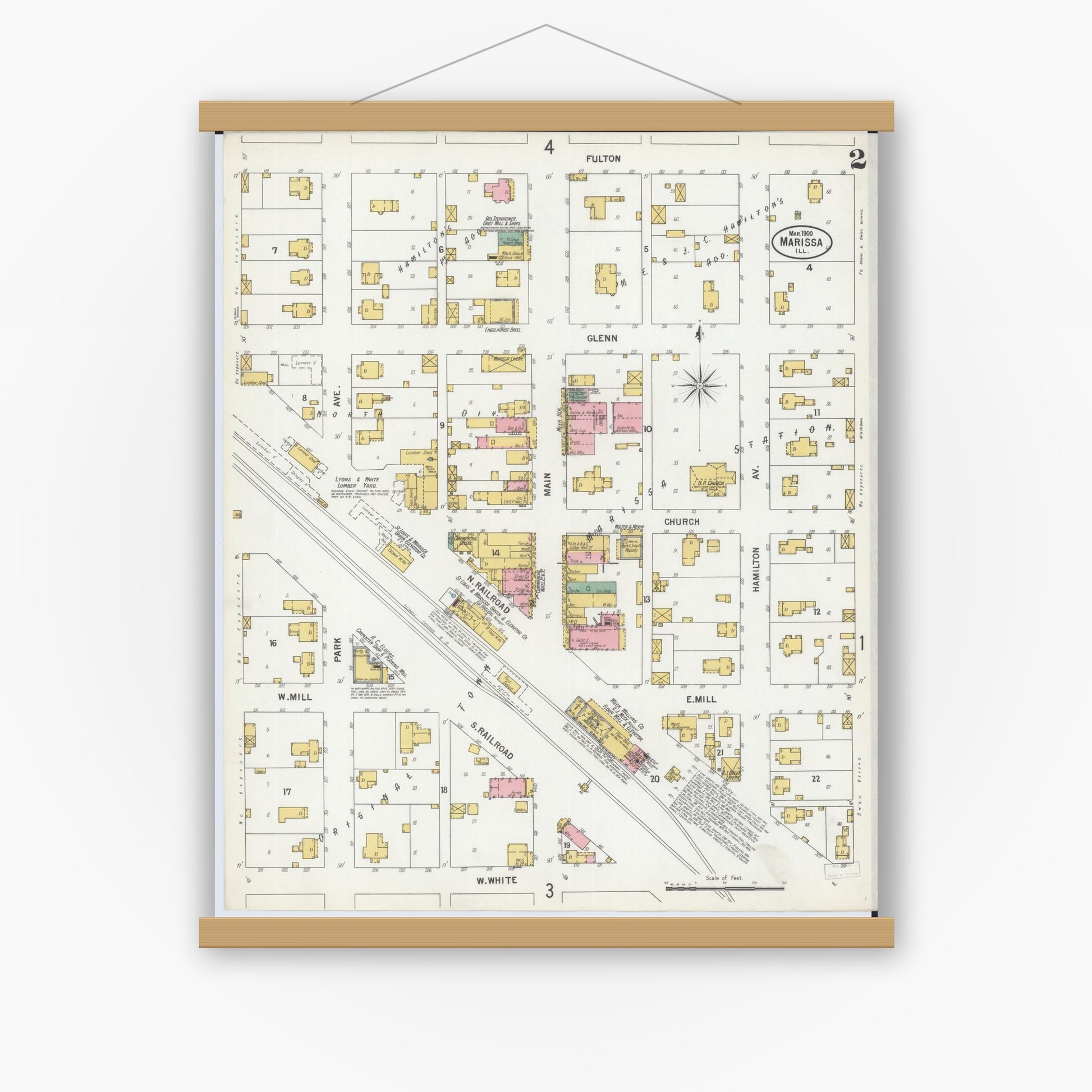 Old map wall art mockup — magnetic wood frame on white wall — Sanborn Fire Insurance Map from Marissa, Saint Clair County, Illinois (1900), Sheet #0002
