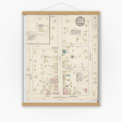 Old map wall art mockup — magnetic wood frame on white wall — Sanborn Fire Insurance Map from Bowling Green, Wood County, Ohio (1884) - Complete Map Set