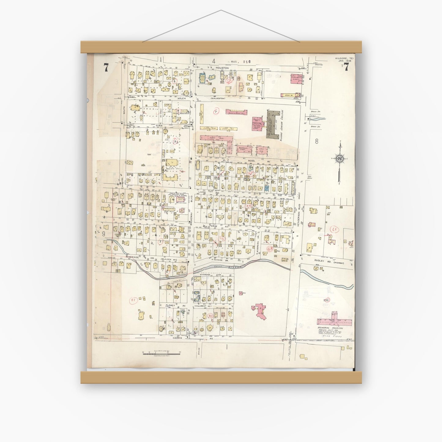 Old map wall art mockup — magnetic wood frame on white wall — Sanborn Fire Insurance Map from Kilgore, Gregg County, Texas (1950), Sheet #0007
