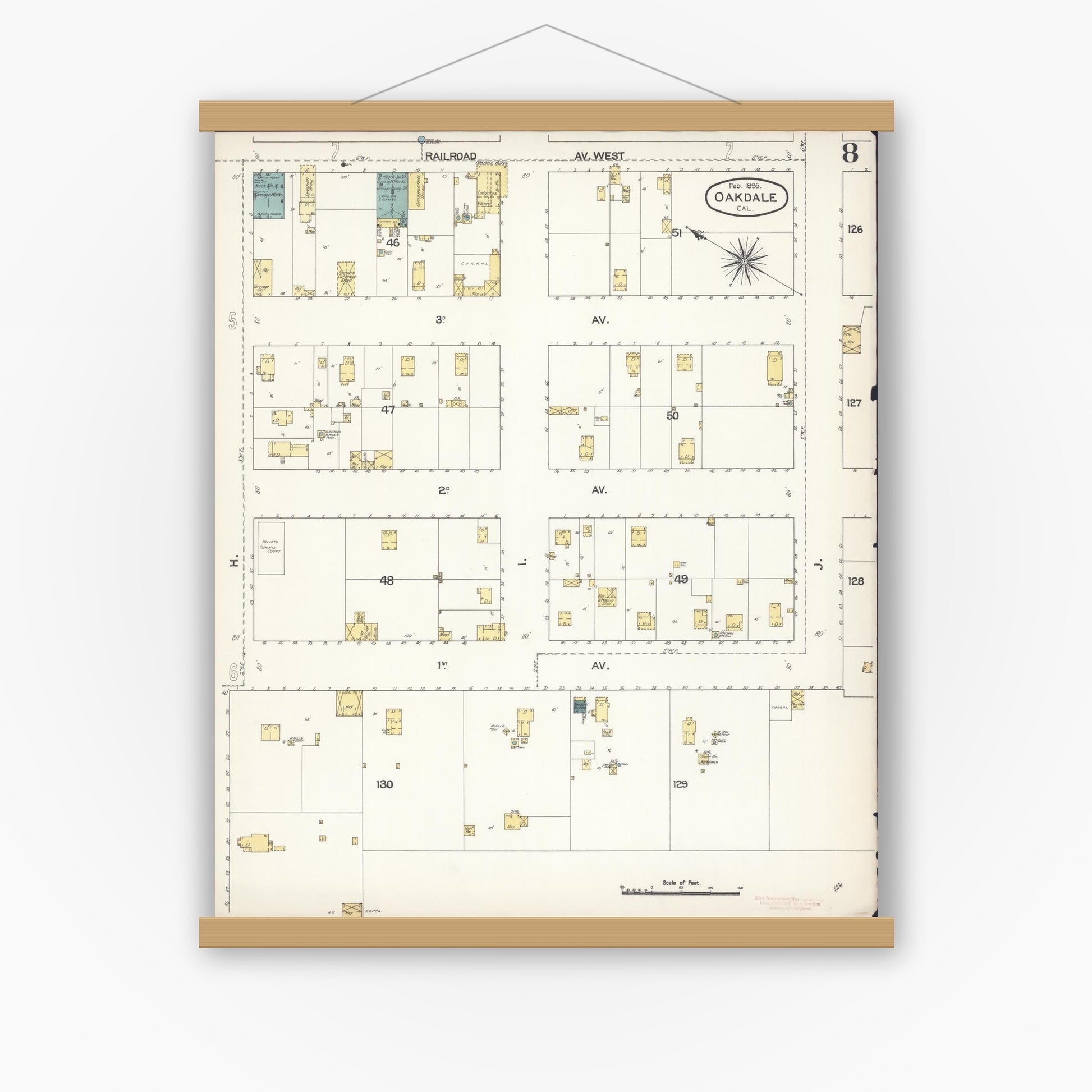 Old map wall art mockup — magnetic wood frame on white wall — Sanborn Fire Insurance Map from Oakdale, Stanislaus County, California (1895), Sheet #0008