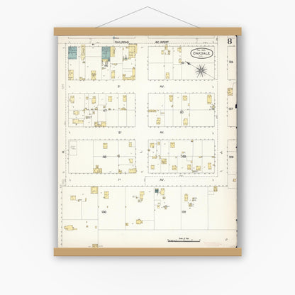 Old map wall art mockup — magnetic wood frame on white wall — Sanborn Fire Insurance Map from Oakdale, Stanislaus County, California (1895), Sheet #0008
