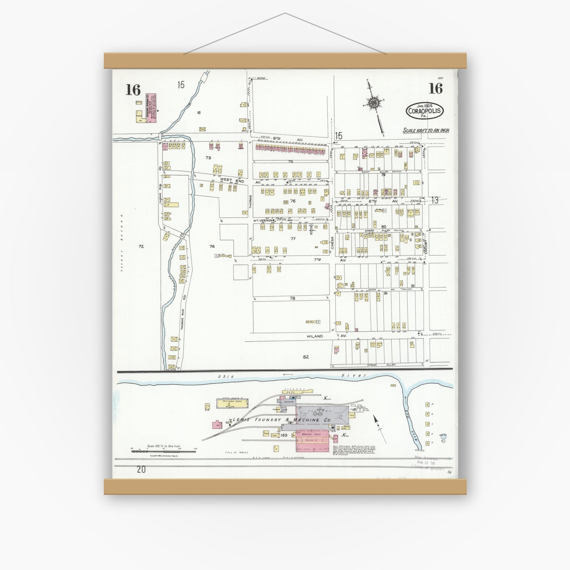 Old map wall art mockup — magnetic wood frame on white wall — Sanborn Fire Insurance Map from Coraopolis, Allegheny County, Pennsylvania (1924), Sheet #0016