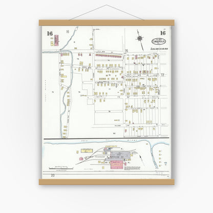 Old map wall art mockup — magnetic wood frame on white wall — Sanborn Fire Insurance Map from Coraopolis, Allegheny County, Pennsylvania (1924), Sheet #0016