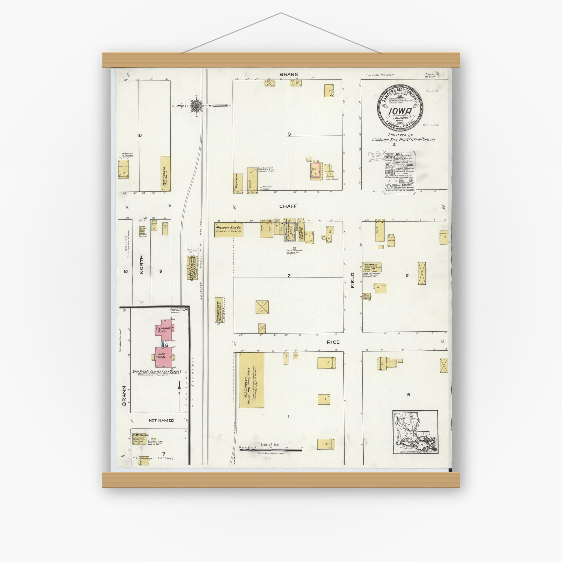 Old map wall art mockup — magnetic wood frame on white wall — Sanborn Fire Insurance Map from Iowa, Calcasieu Parish, Louisiana (1920), Sheet #0001
