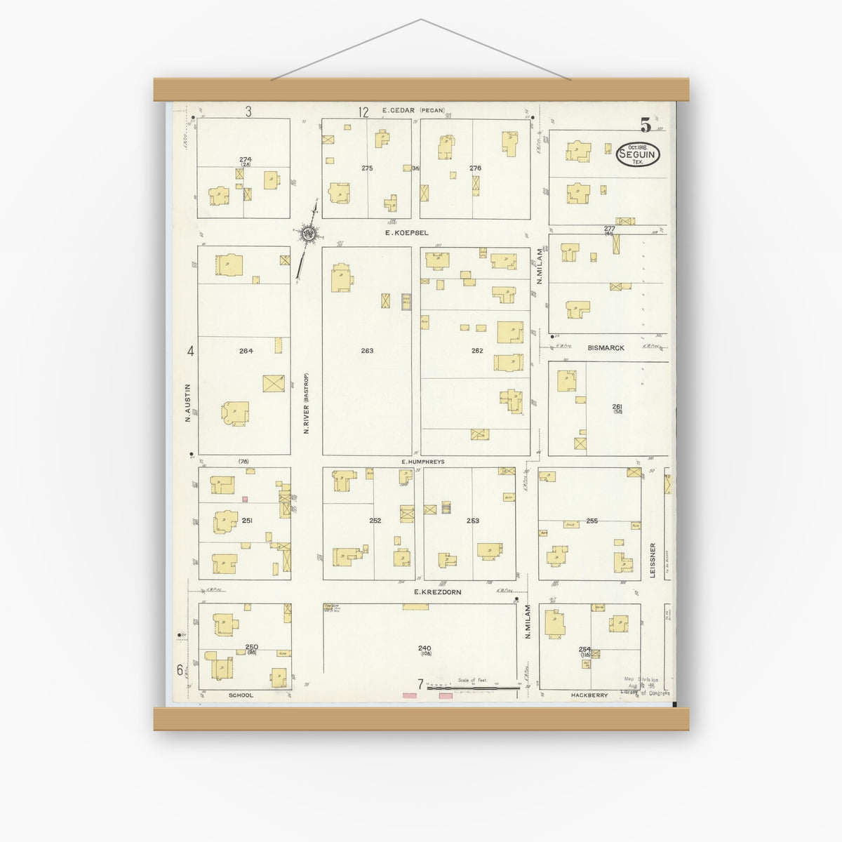 Old map wall art mockup — magnetic wood frame on white wall — Sanborn Fire Insurance Map from Seguin, Guadalupe County, Texas (1916), Sheet #0005