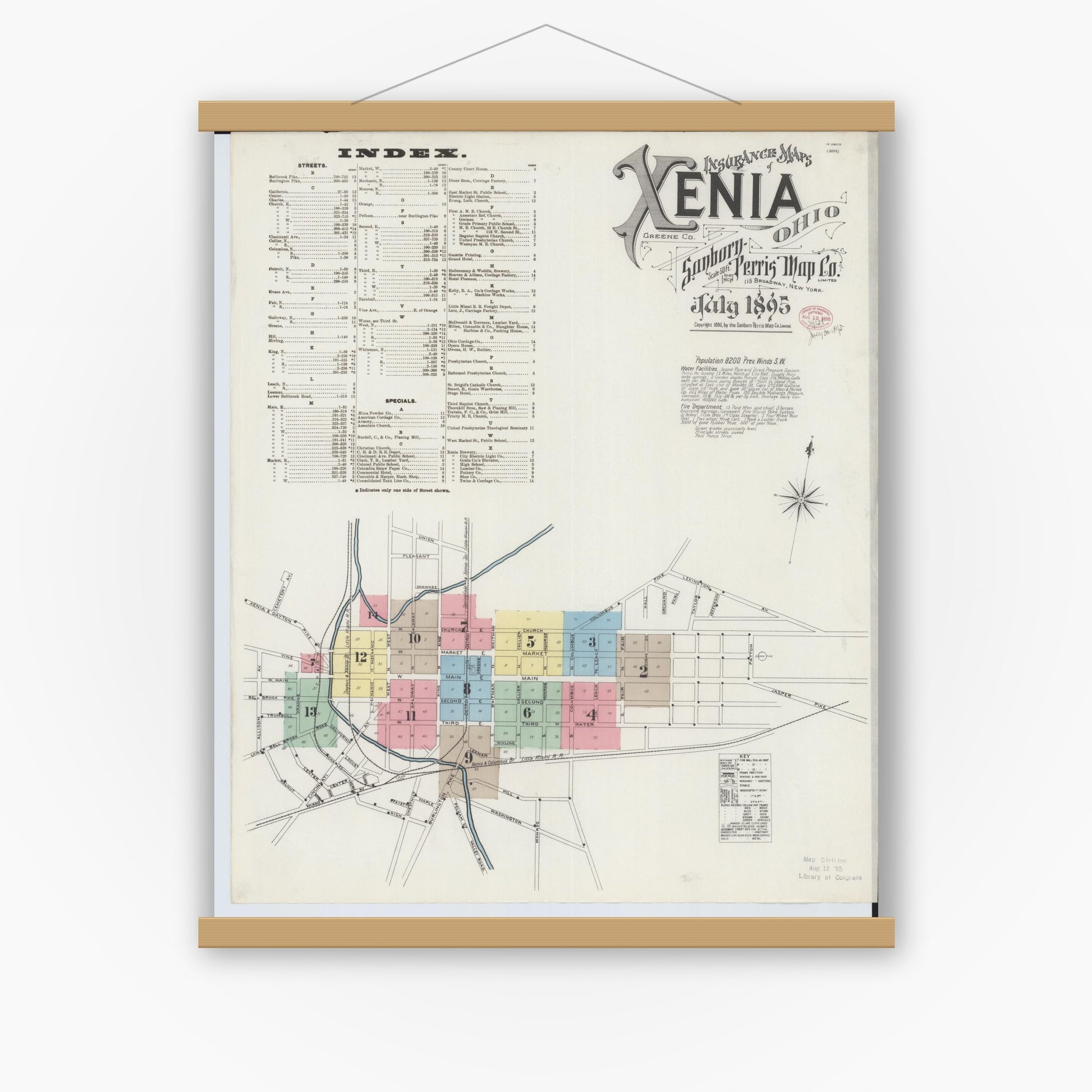 Old map wall art mockup — magnetic wood frame on white wall — Sanborn Fire Insurance Map from Xenia, Greene County, Ohio (1895) - Complete Map Set
