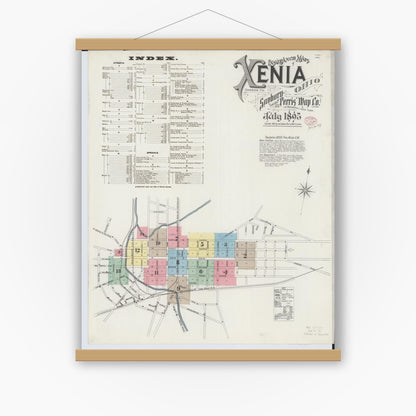 Old map wall art mockup — magnetic wood frame on white wall — Sanborn Fire Insurance Map from Xenia, Greene County, Ohio (1895) - Complete Map Set