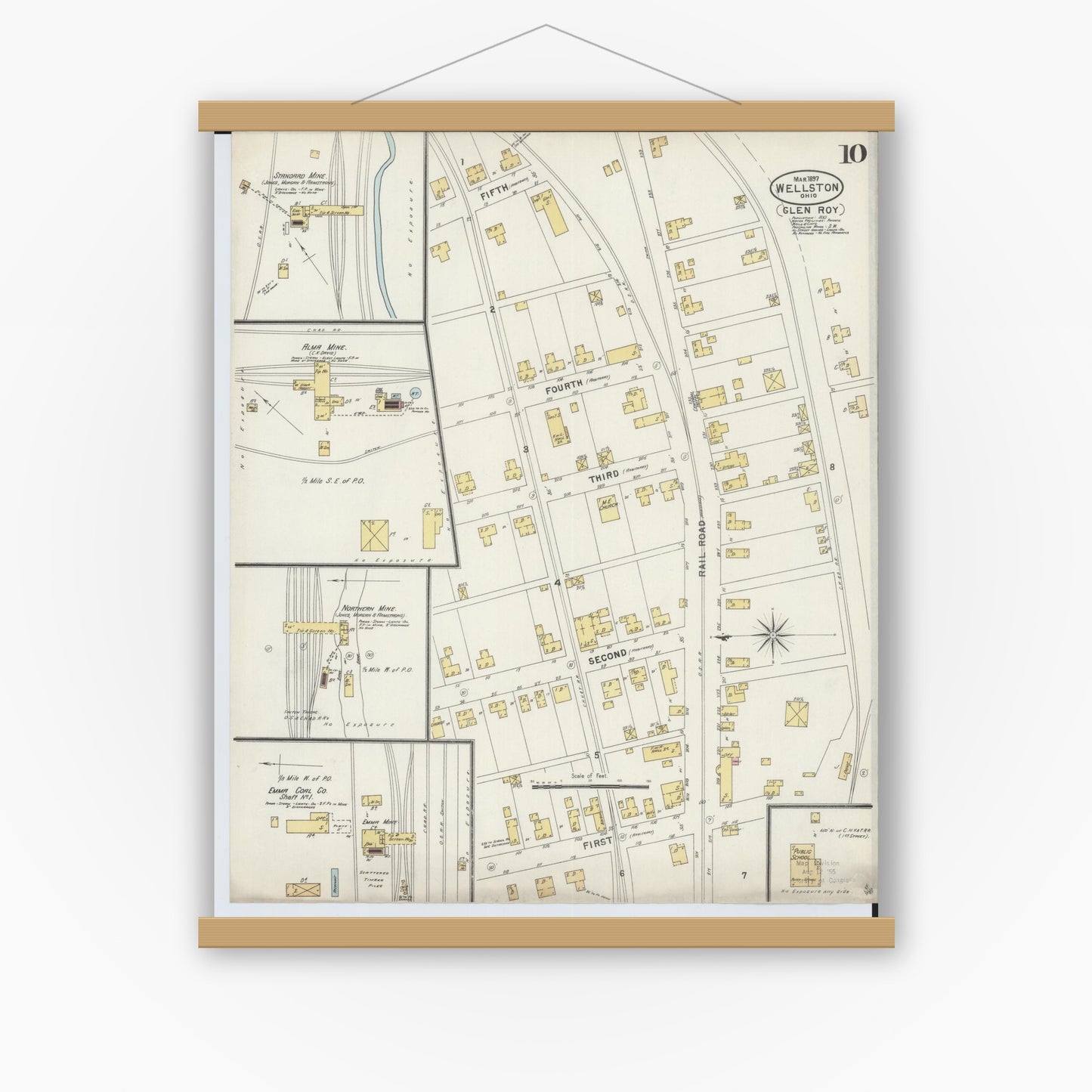 Old map wall art mockup — magnetic wood frame on white wall — Sanborn Fire Insurance Map from Wellston, Jackson County, Ohio (1897), Sheet #0010