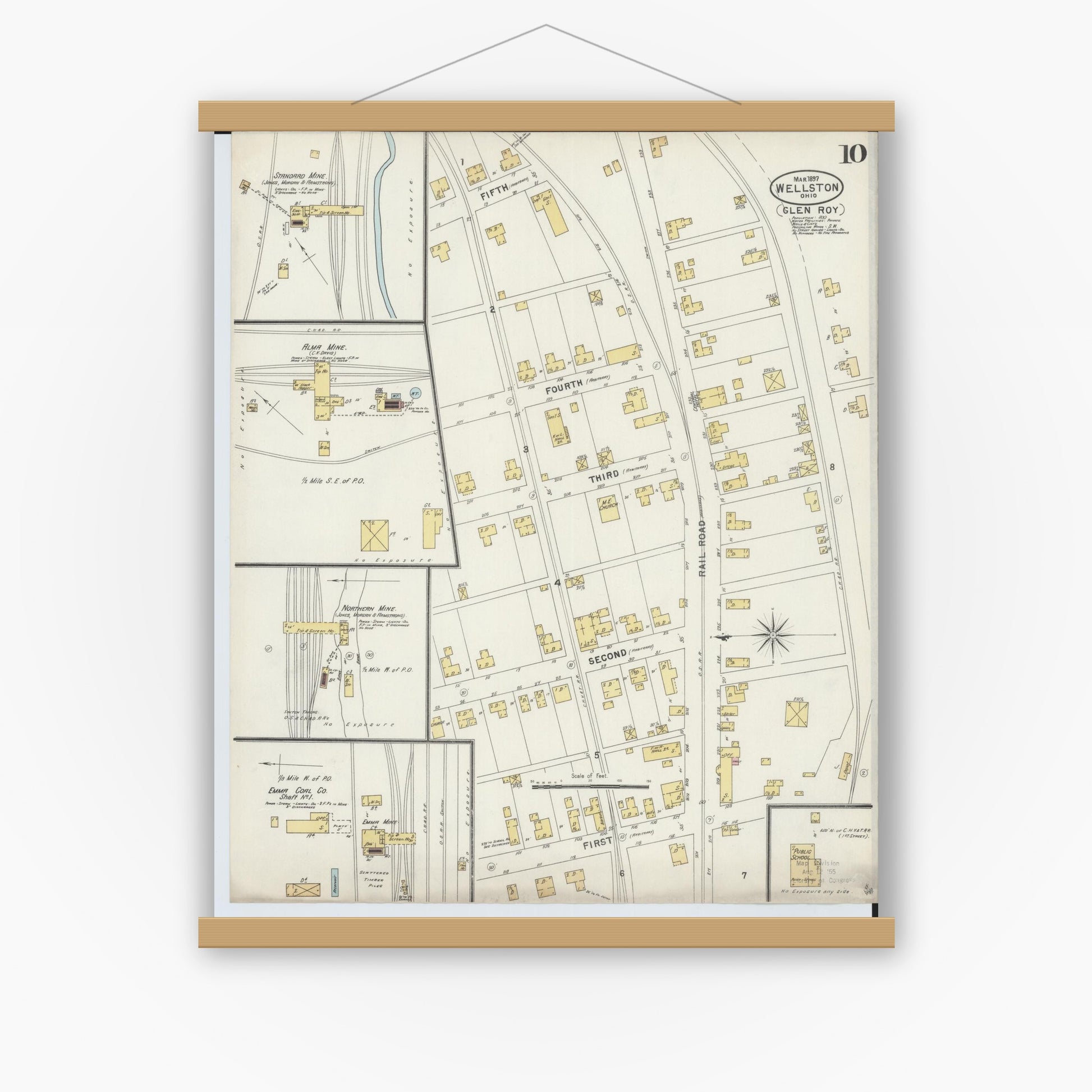 Old map wall art mockup — magnetic wood frame on white wall — Sanborn Fire Insurance Map from Wellston, Jackson County, Ohio (1897), Sheet #0010