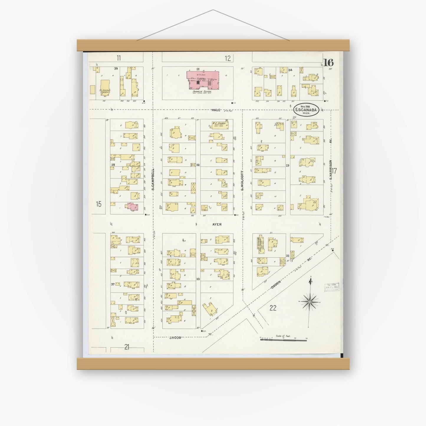 Old map wall art mockup — magnetic wood frame on white wall — Sanborn Fire Insurance Map from Escanaba, Delta County, Michigan (1906), Sheet #0016