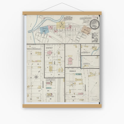 Old map wall art mockup — magnetic wood frame on white wall — Sanborn Fire Insurance Map from Lorain, Lorain County, Ohio (1888), Sheet #0001