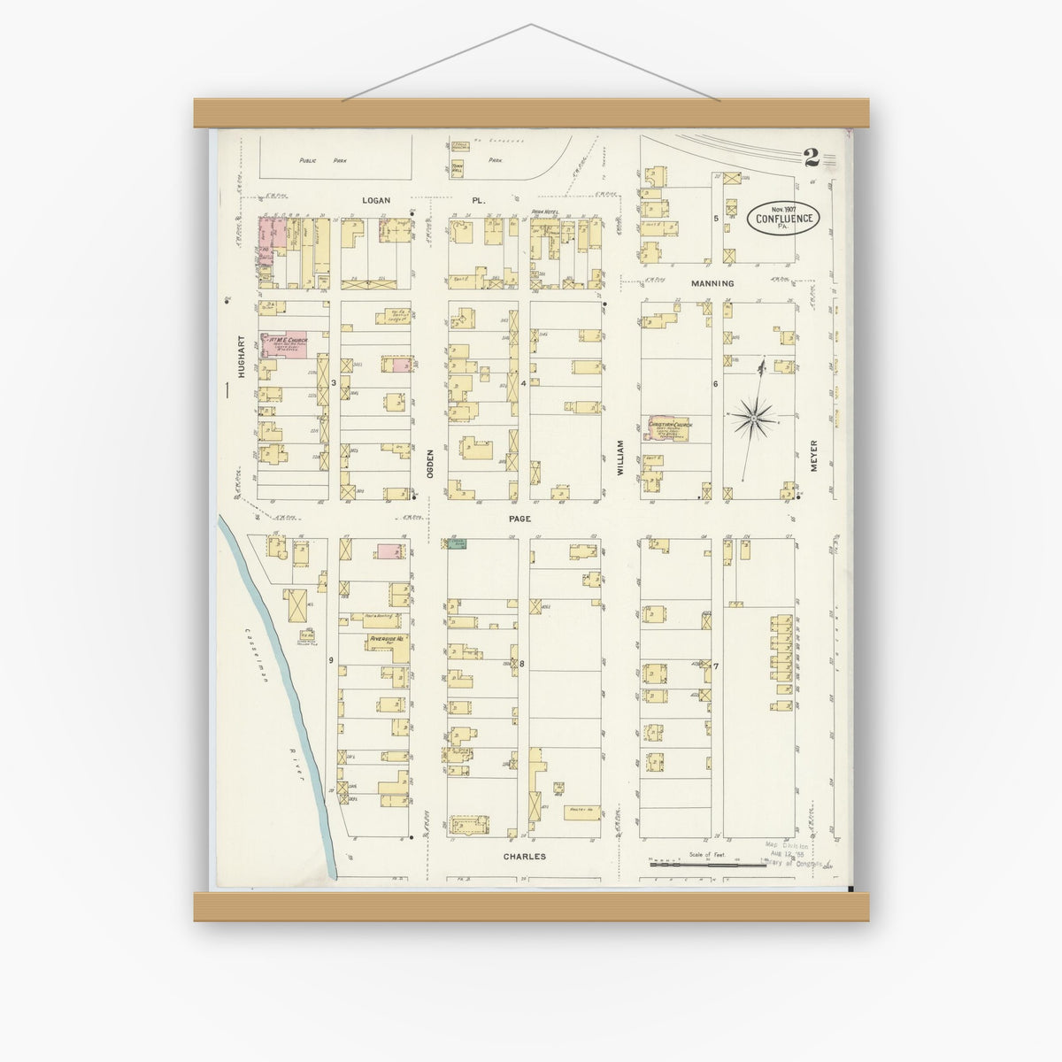 Old map wall art mockup — magnetic wood frame on white wall — Sanborn Fire Insurance Map from Confluence, Somerset County, Pennsylvania (1907), Sheet #0002