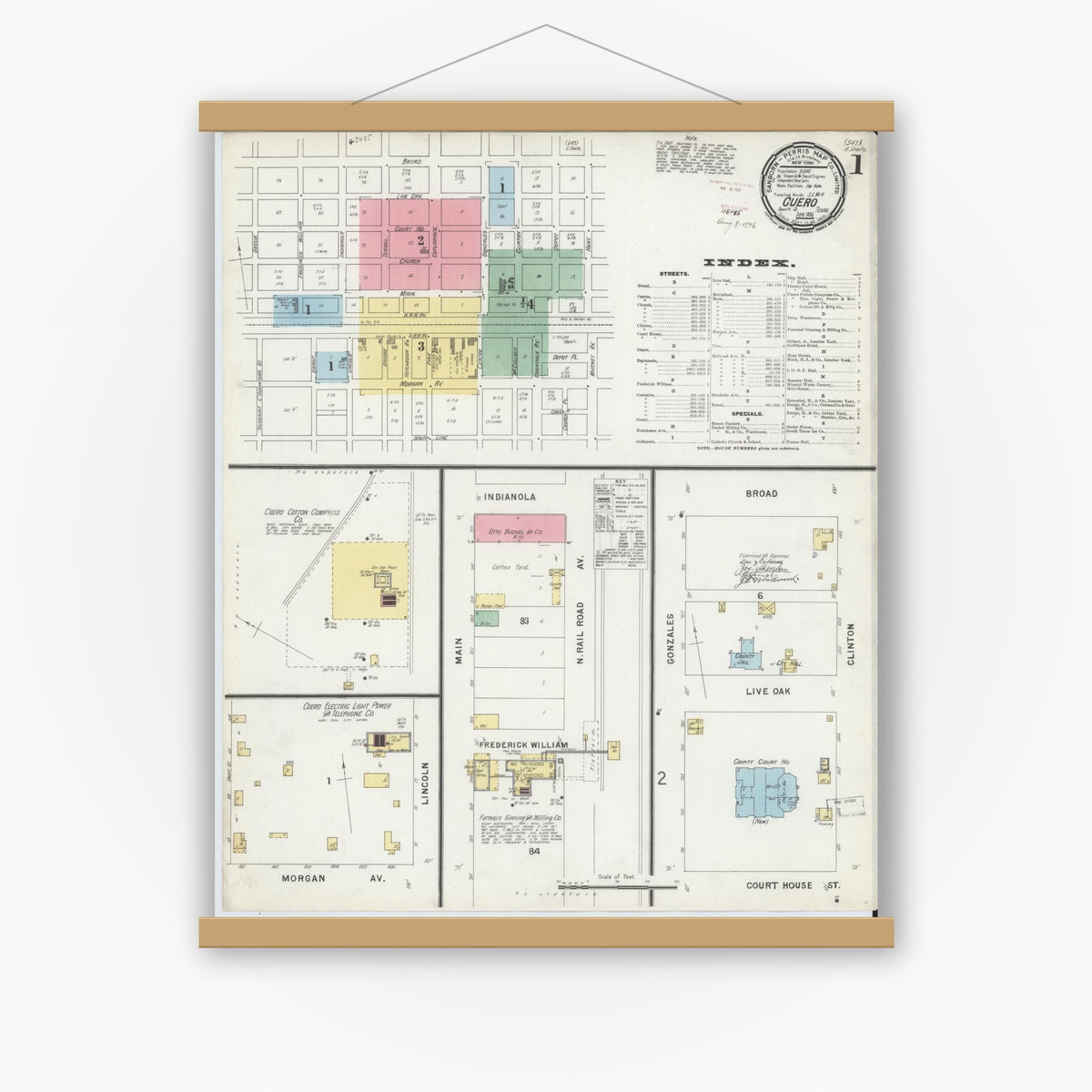 Old map wall art mockup — magnetic wood frame on white wall — Sanborn Fire Insurance Map from Cuero, De Witt County, Texas (1896) - Complete Map Set