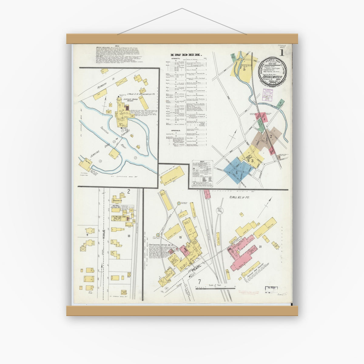Old map wall art mockup — magnetic wood frame on white wall — Sanborn Fire Insurance Map from Bridgewater, Plymouth County, Massachusetts (1901), Sheet #0001