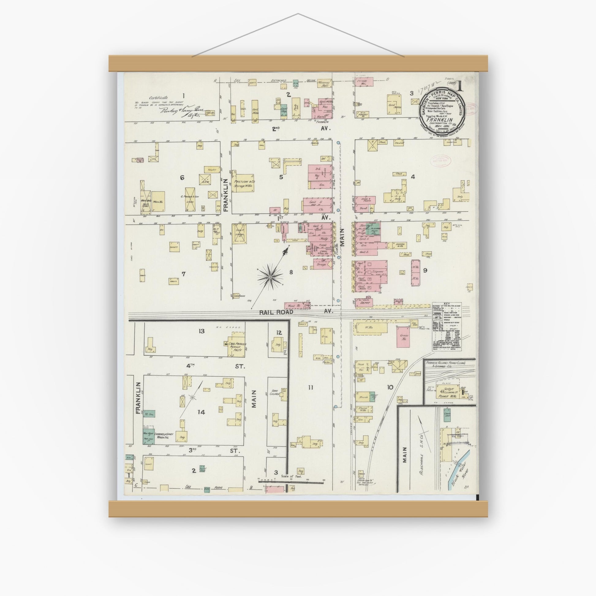 Old map wall art mockup — magnetic wood frame on white wall — Sanborn Fire Insurance Map from Franklin, Independent Cities, Virginia (1891) - Complete Map Set