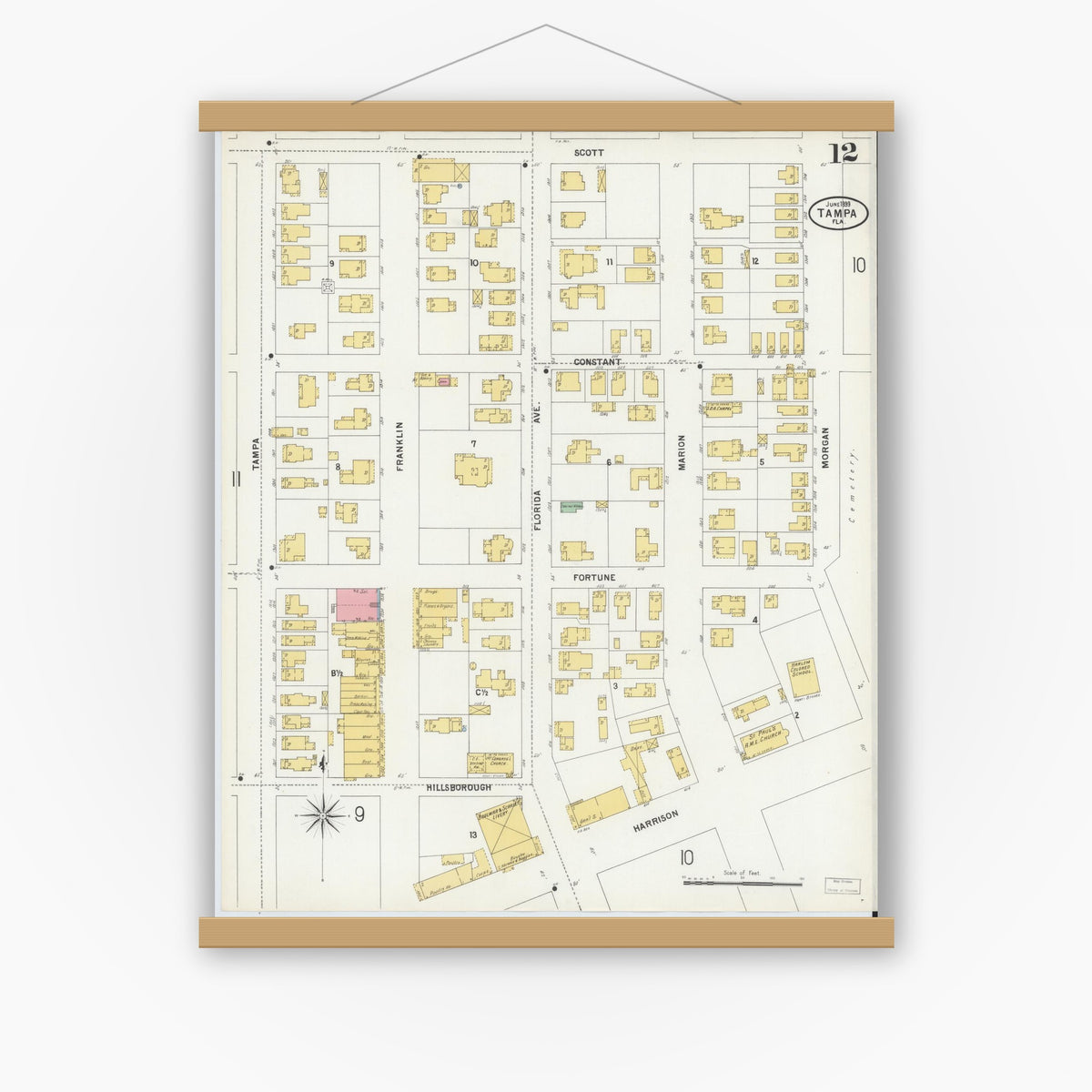 Old map wall art mockup — magnetic wood frame on white wall — Sanborn Fire Insurance Map from Tampa, Hillsborough County, Florida (1899), Sheet #0012