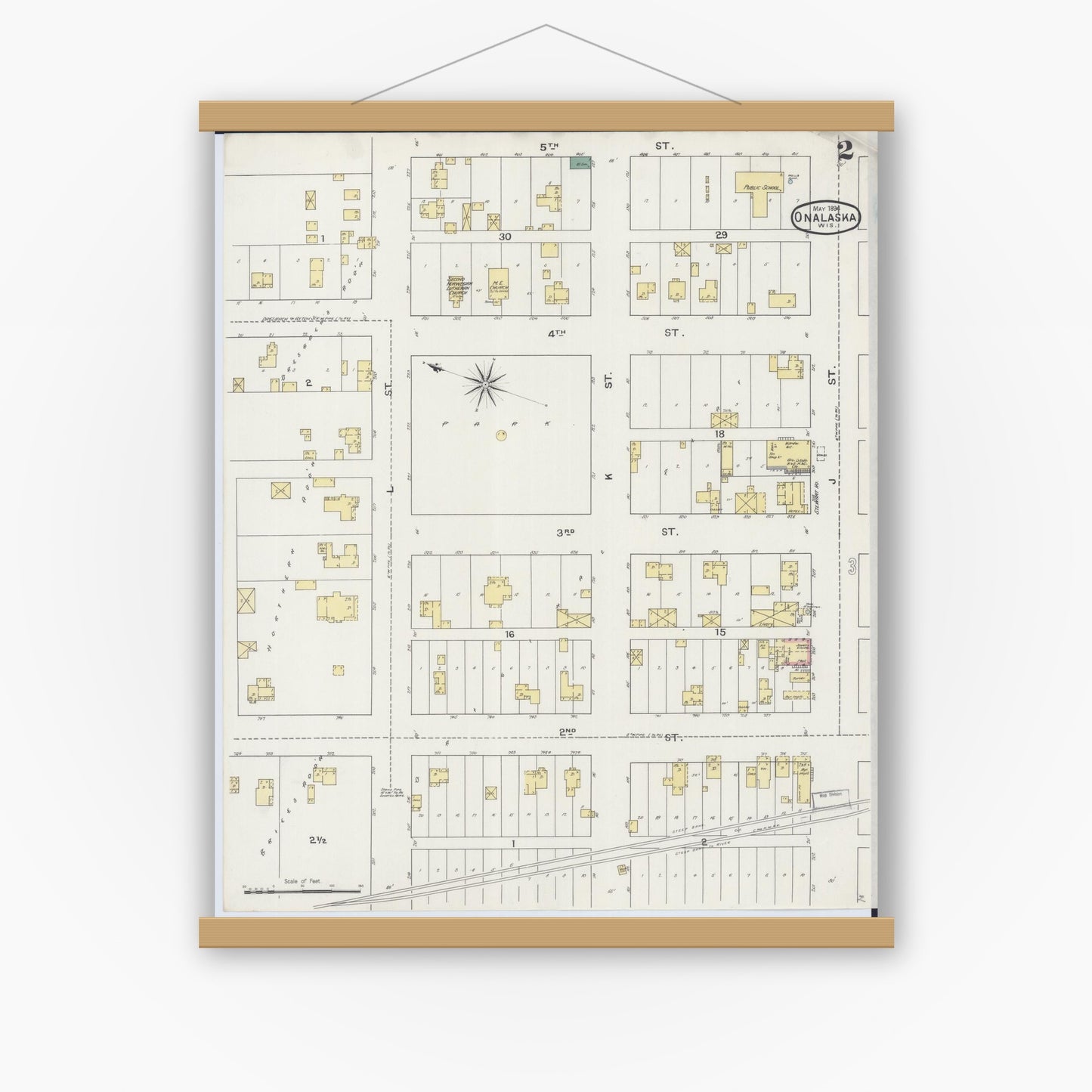 Old map wall art mockup — magnetic wood frame on white wall — Sanborn Fire Insurance Map from Onalaska, La Crosse County, Wisconsin (1894), Sheet #0002